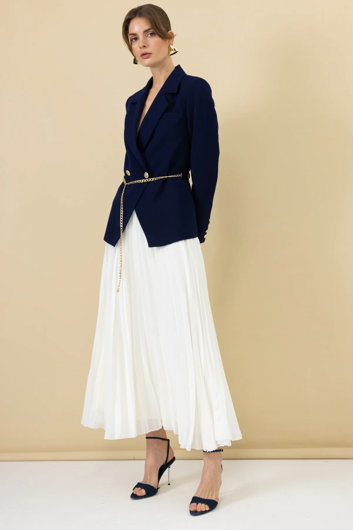 Ekol Pileli Ekru Kadın Şifon Etek 01086