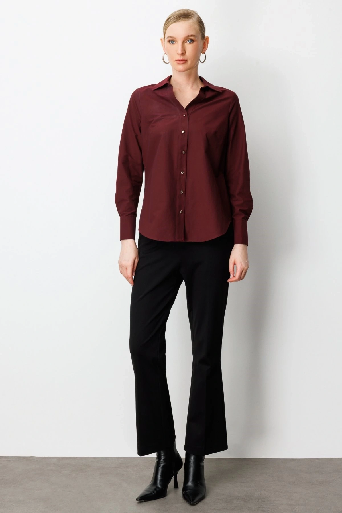 Ekol Polo Yaka Pamuklu Bordo Kadın Bluz 03049