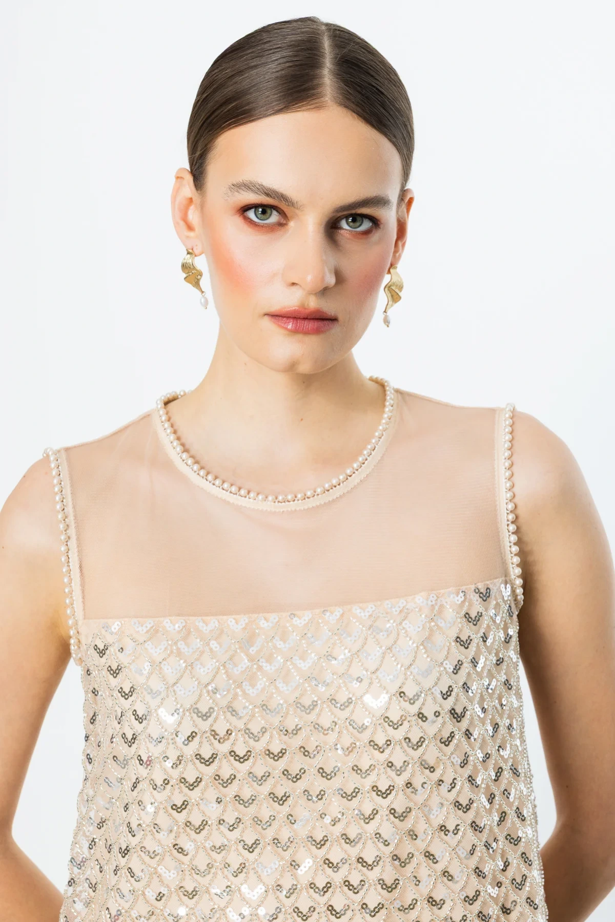 Ekol Pul Payetli Midi Boy Ekru Kadın Elbise 05206