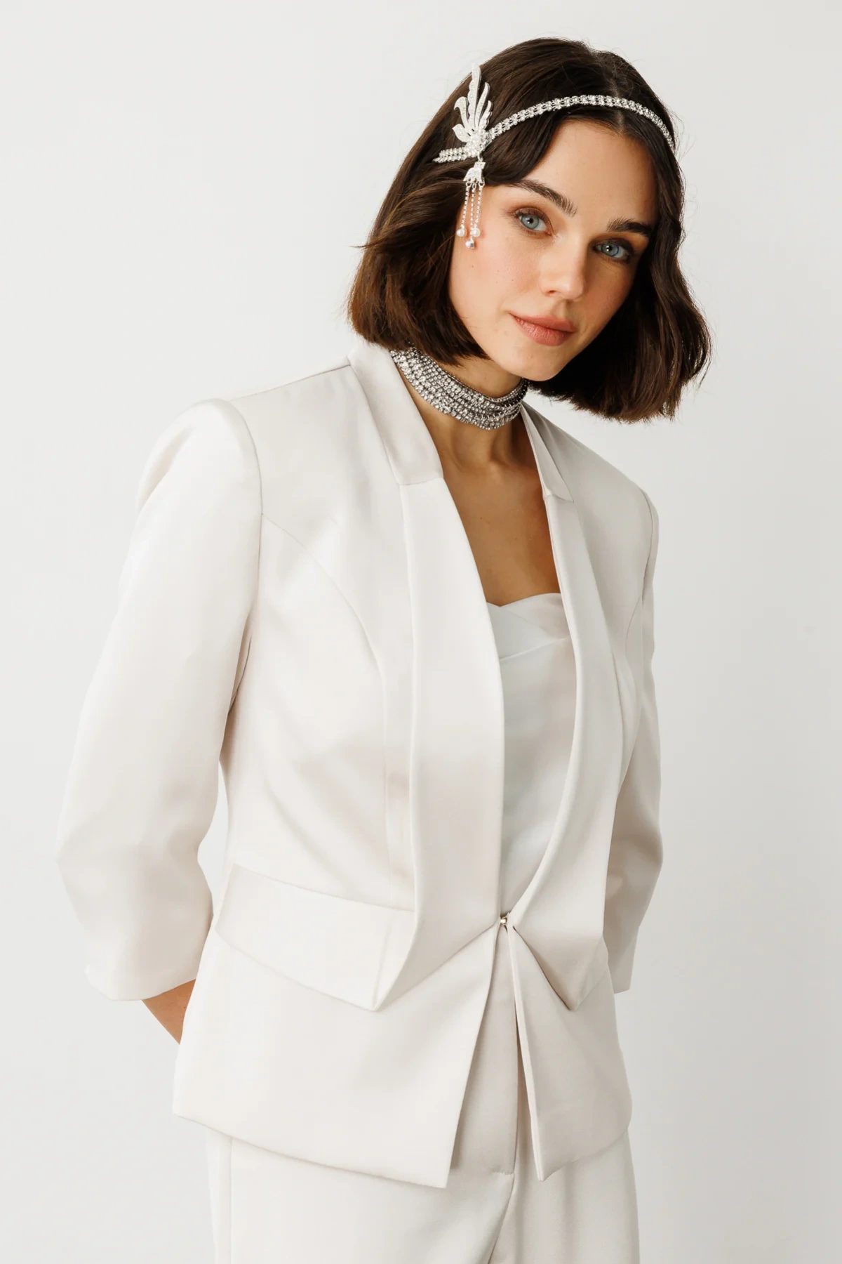 Ekol Saten Kumaş Kadın İnci Renk Kısa Ceket 04152