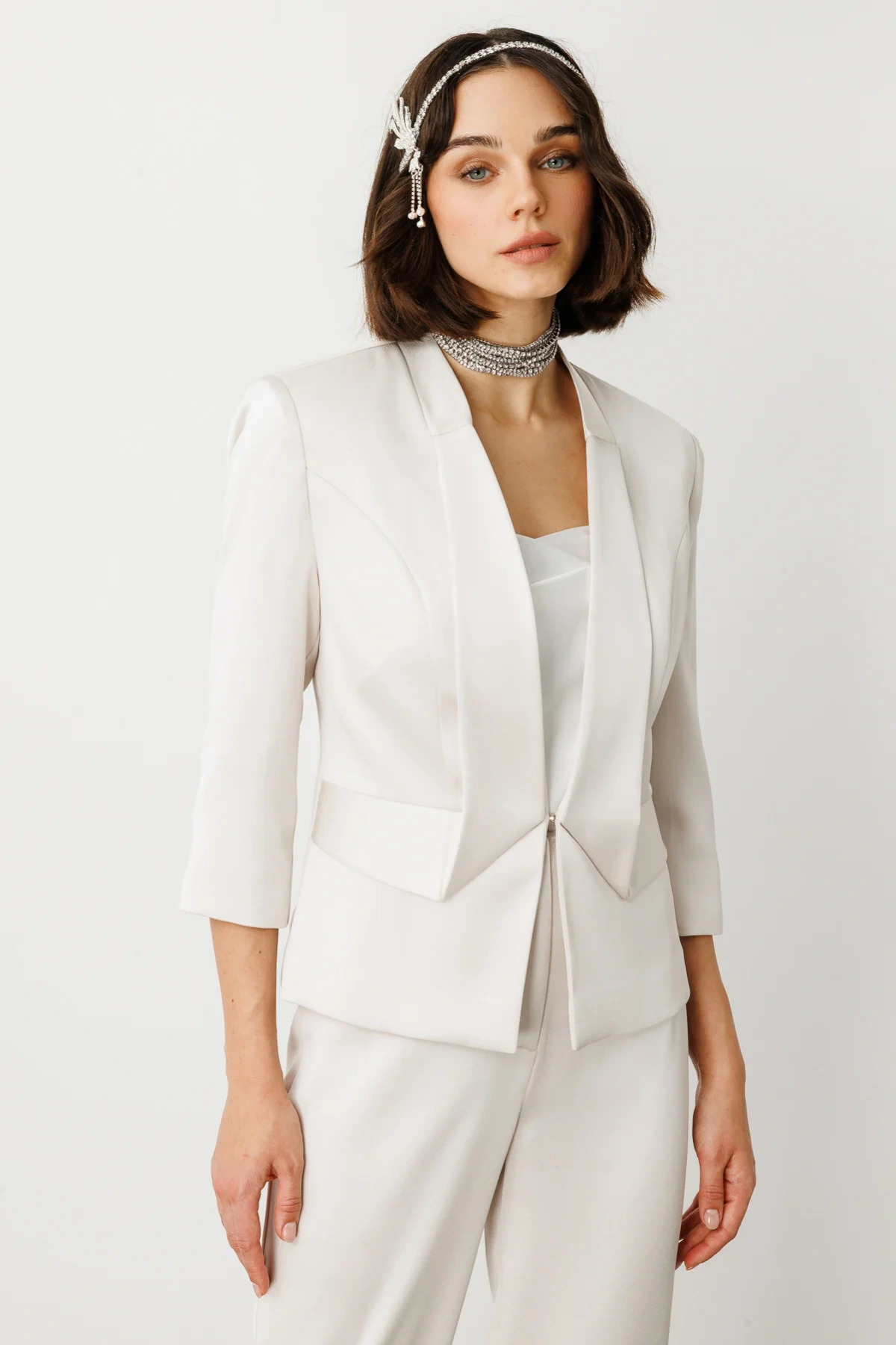 Ekol Saten Kumaş Kadın İnci Renk Kısa Ceket 04152