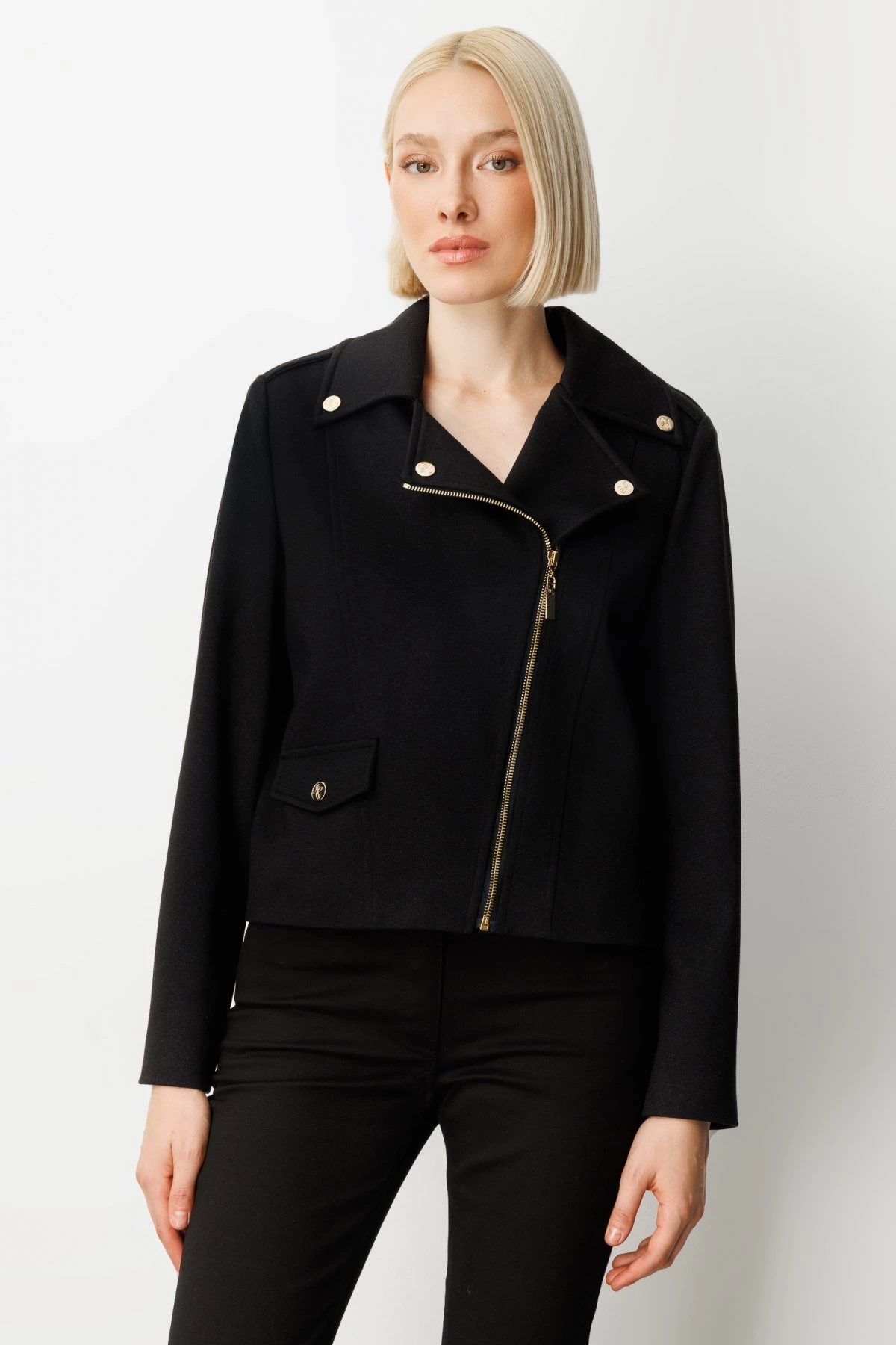 Ekol Simli Kumaş Süs Kapak Cepli Siyah Kadın Mont 08013