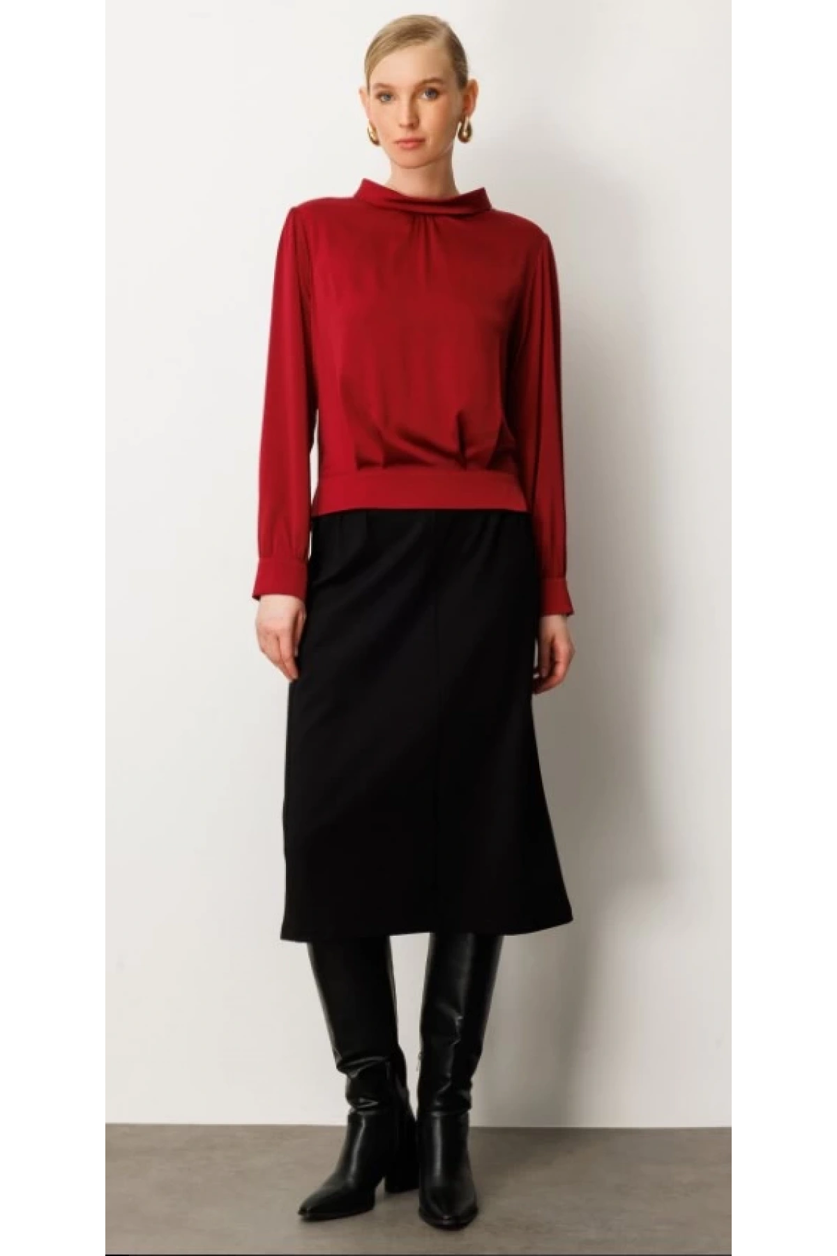 Ekol Sırtı Dantelli Yırtmaç Detaylı Bordo Kadın Bluz 03025