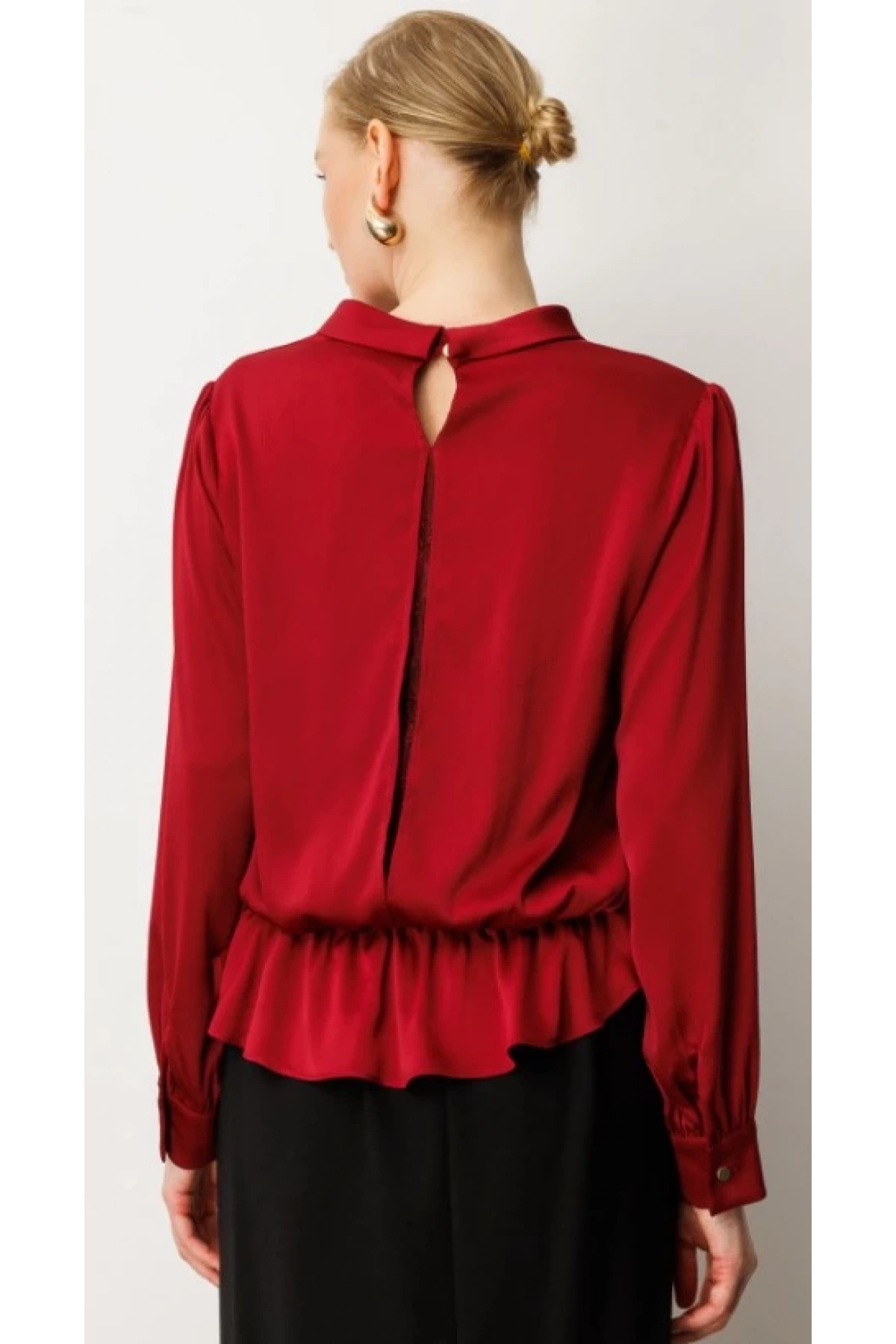 Ekol Sırtı Dantelli Yırtmaç Detaylı Bordo Kadın Bluz 03025