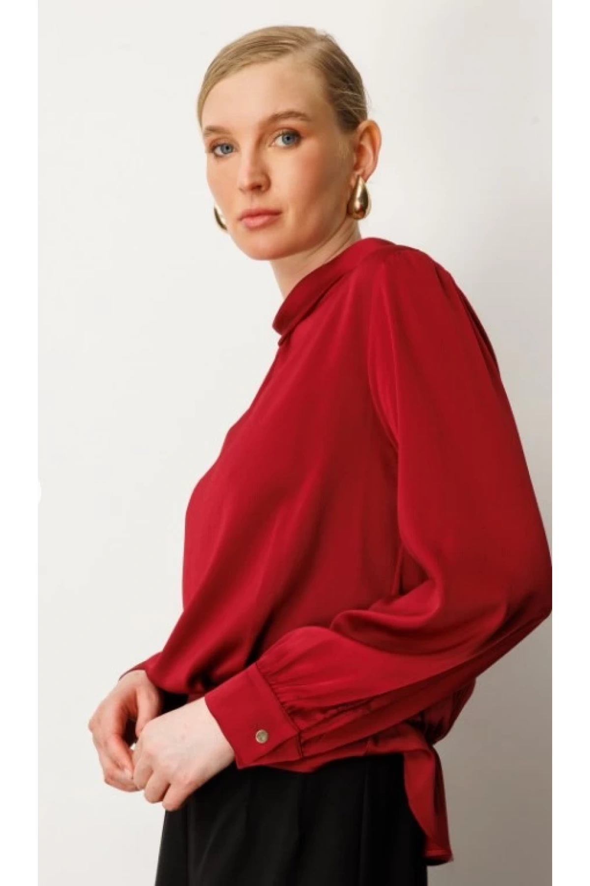 Ekol Sırtı Dantelli Yırtmaç Detaylı Bordo Kadın Bluz 03025