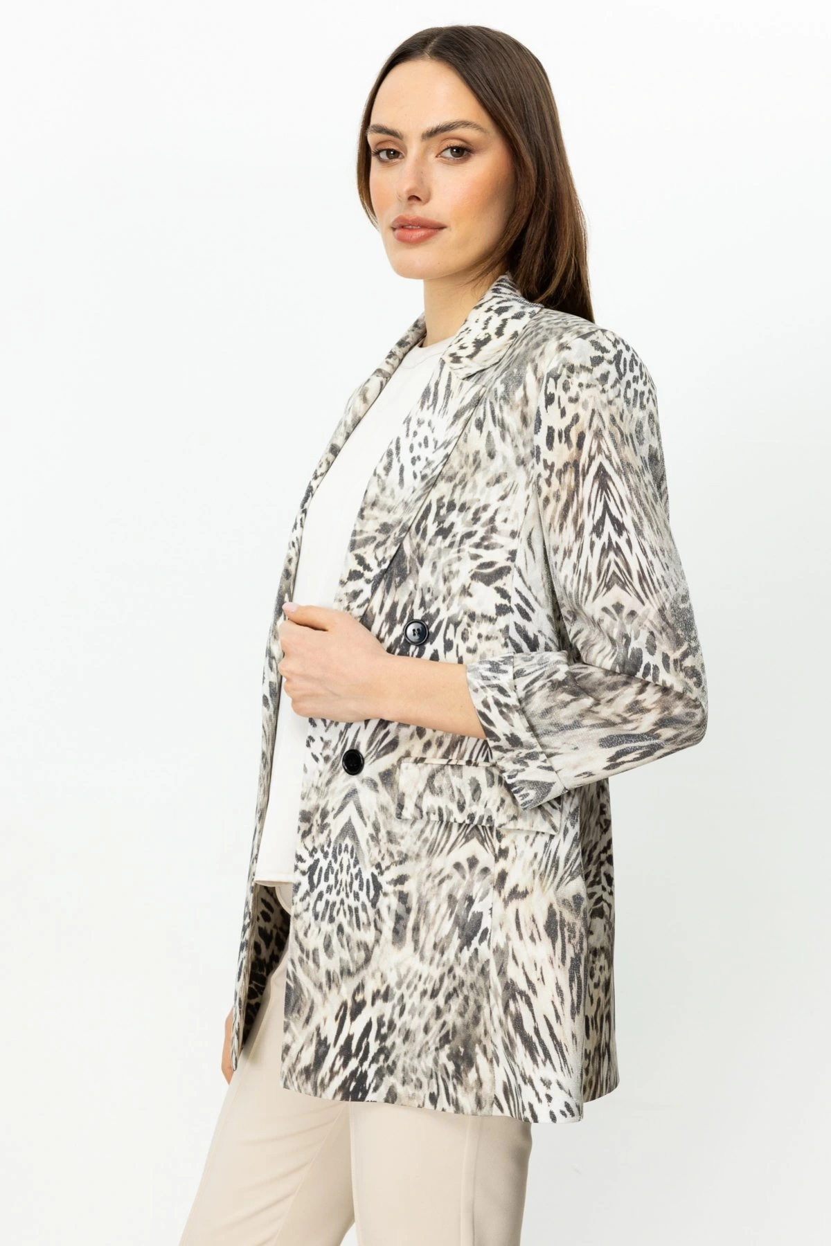 Ekol Kadın Süs Düğmeli Duble Kol Kum Renk Ceket 04094