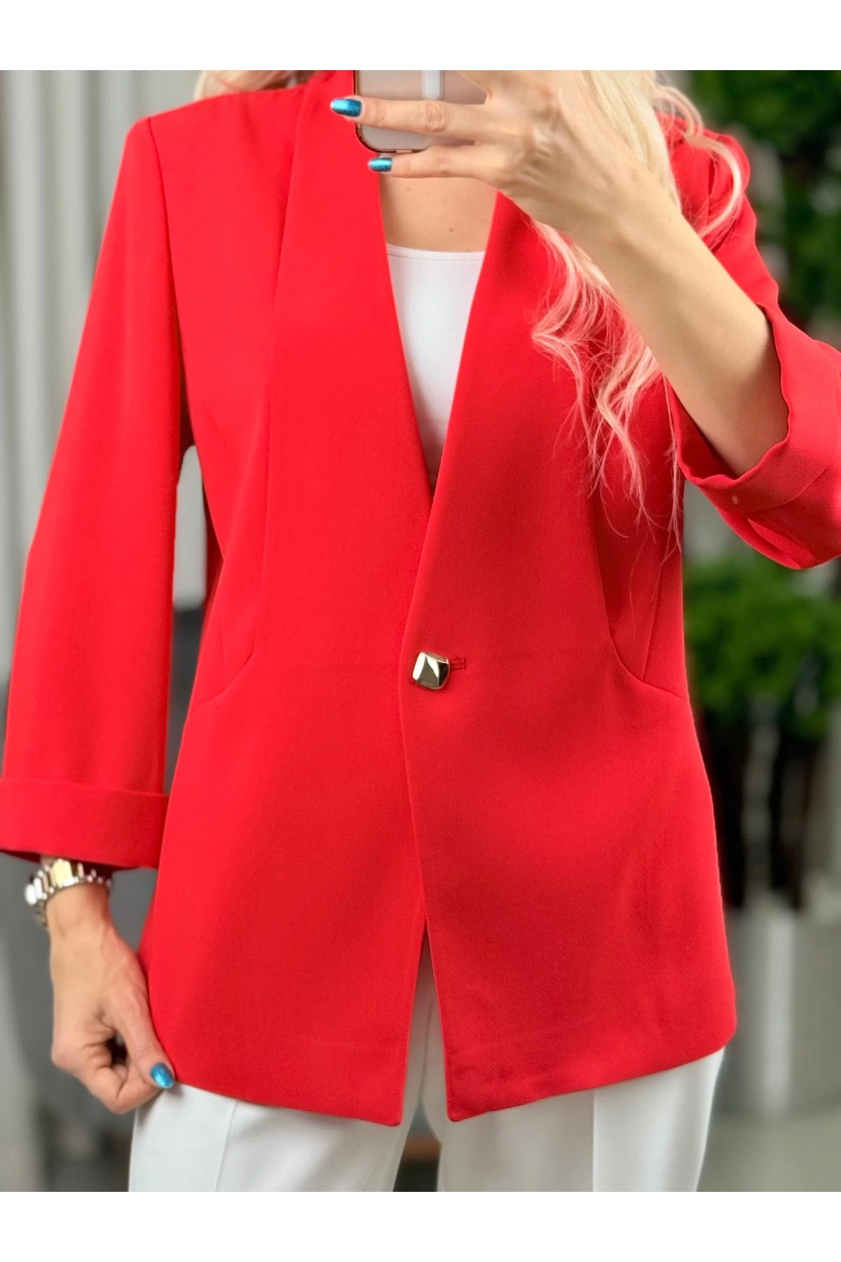 Ekol Kadın Tek Düğmeli Mercan Renk Blazer Ceket 04128