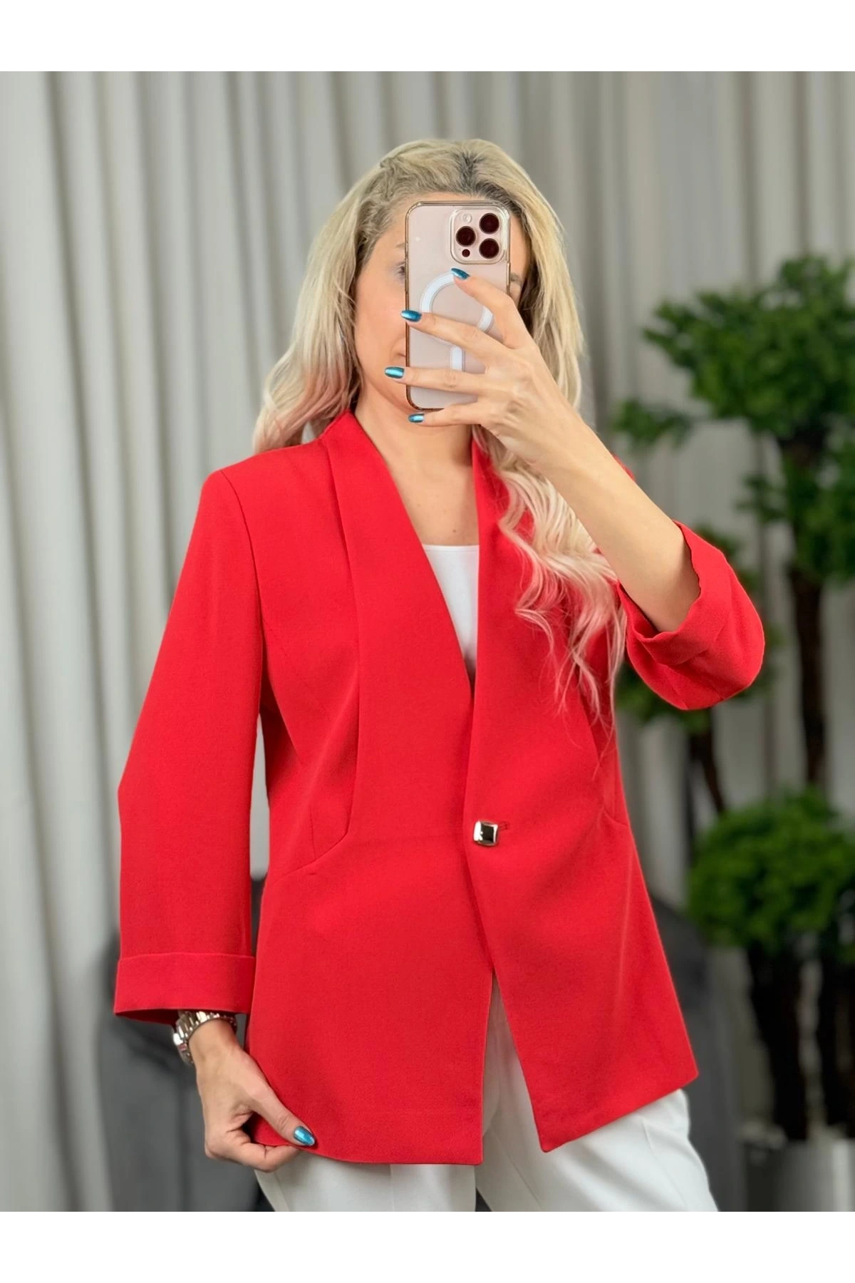 Ekol Kadın Tek Düğmeli Mercan Renk Blazer Ceket 04128