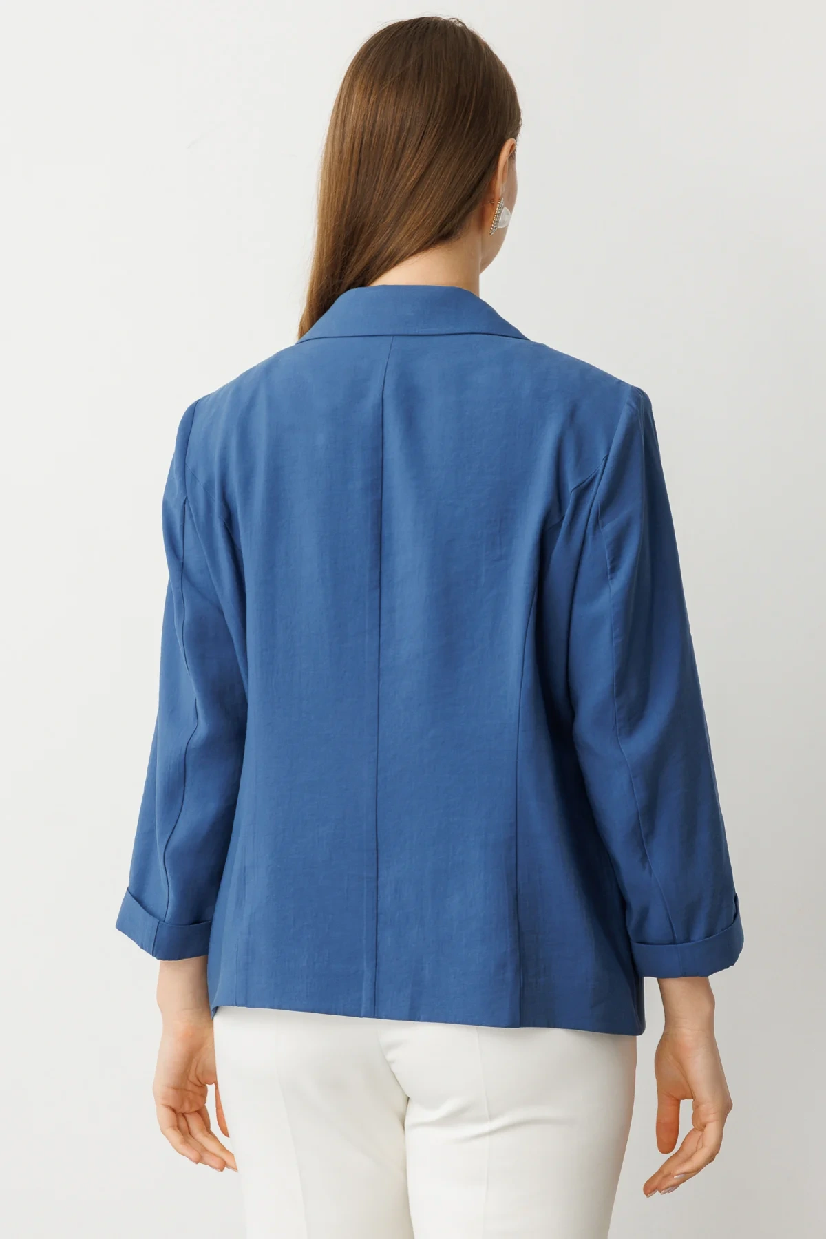 Ekol Büyük Beden Tek Düğmeli İnce Taş Detay Cepli İndigo Mavisi Kadın Gömlek 04544