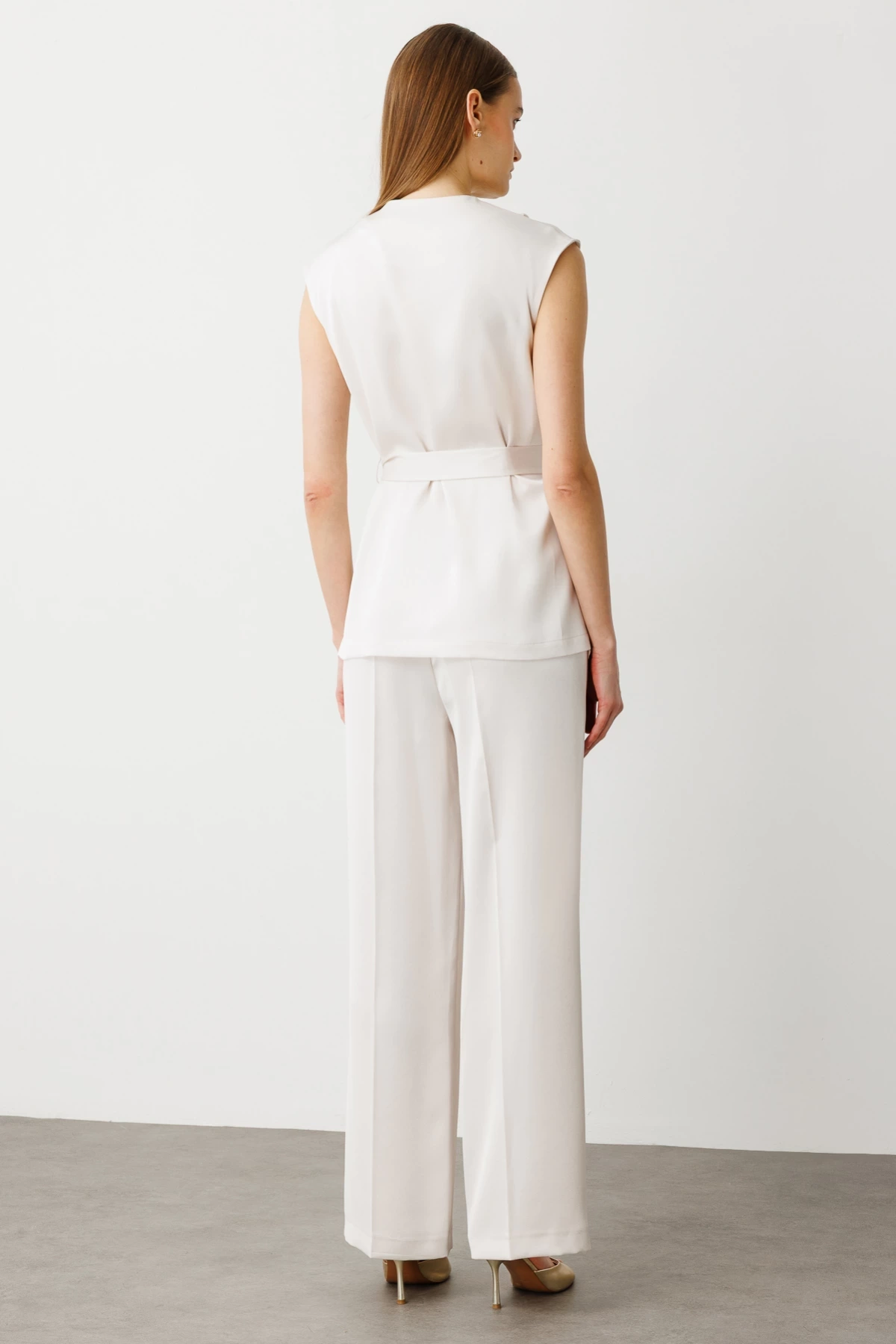 Ekol Tek Düğmeli Kuşaklı Kadın İnci Renk Yelek 04158