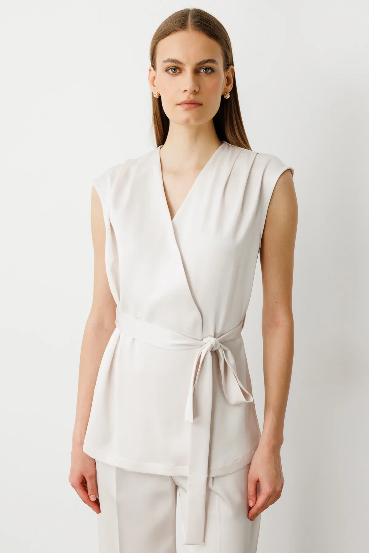 Ekol Tek Düğmeli Kuşaklı Kadın İnci Renk Yelek 04158