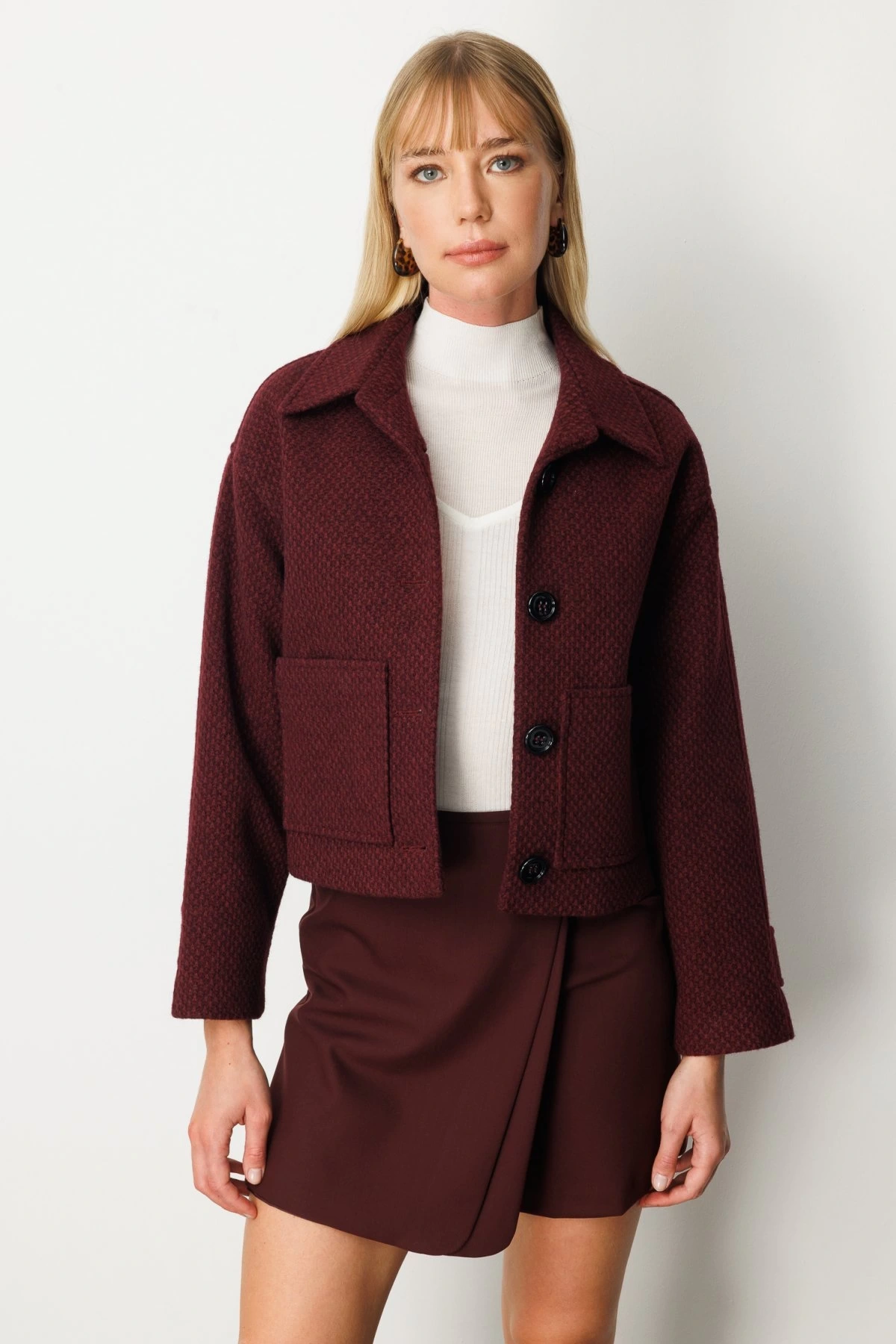 Ekol Torba Cepli Crop Bordo Kadın Manto 06013