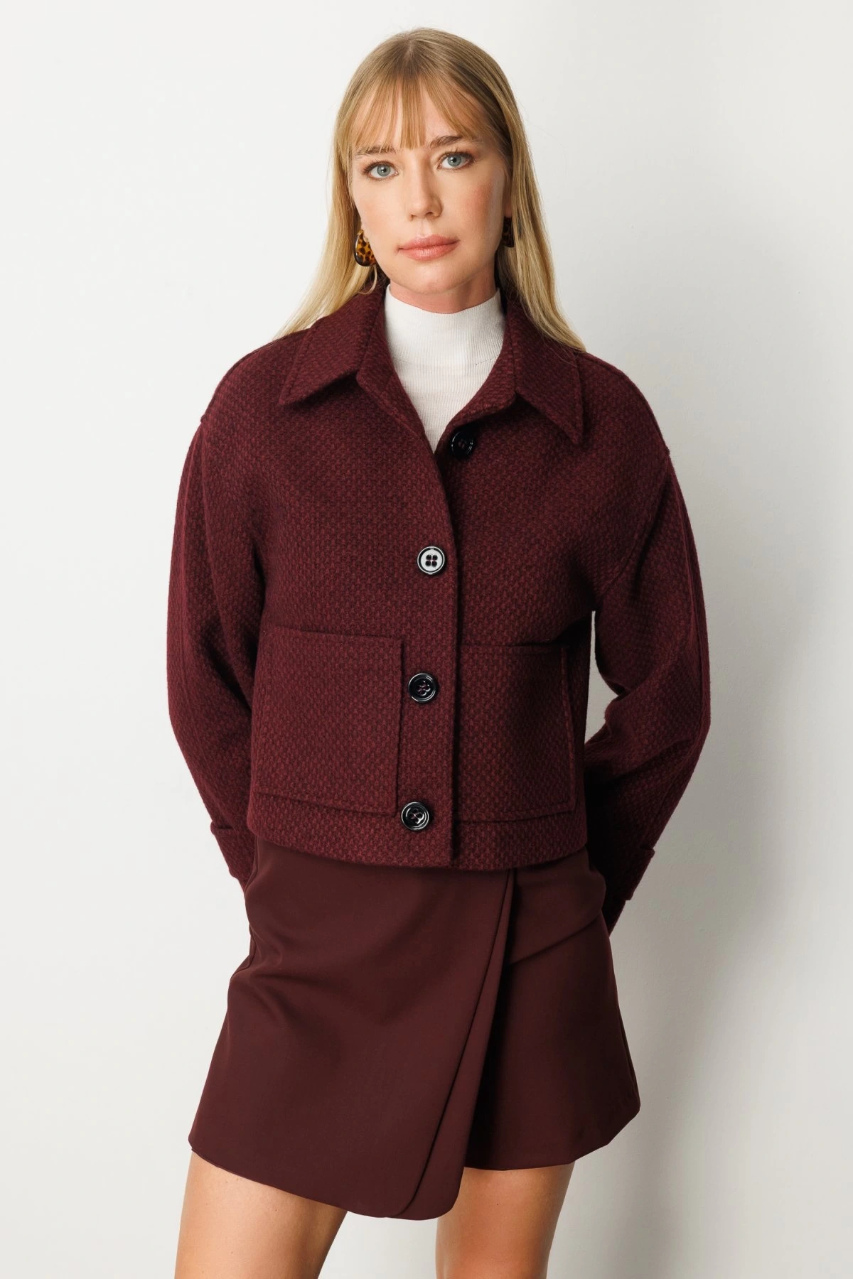 Ekol Torba Cepli Crop Bordo Kadın Manto 06013