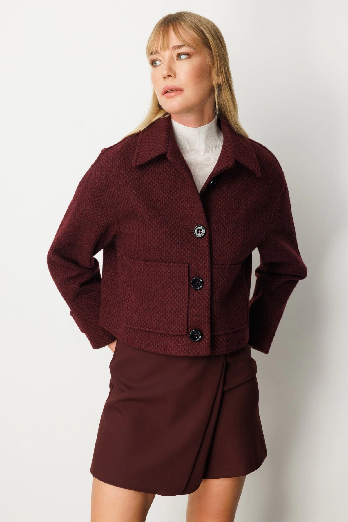 Ekol Torba Cepli Crop Bordo Kadın Manto 06013