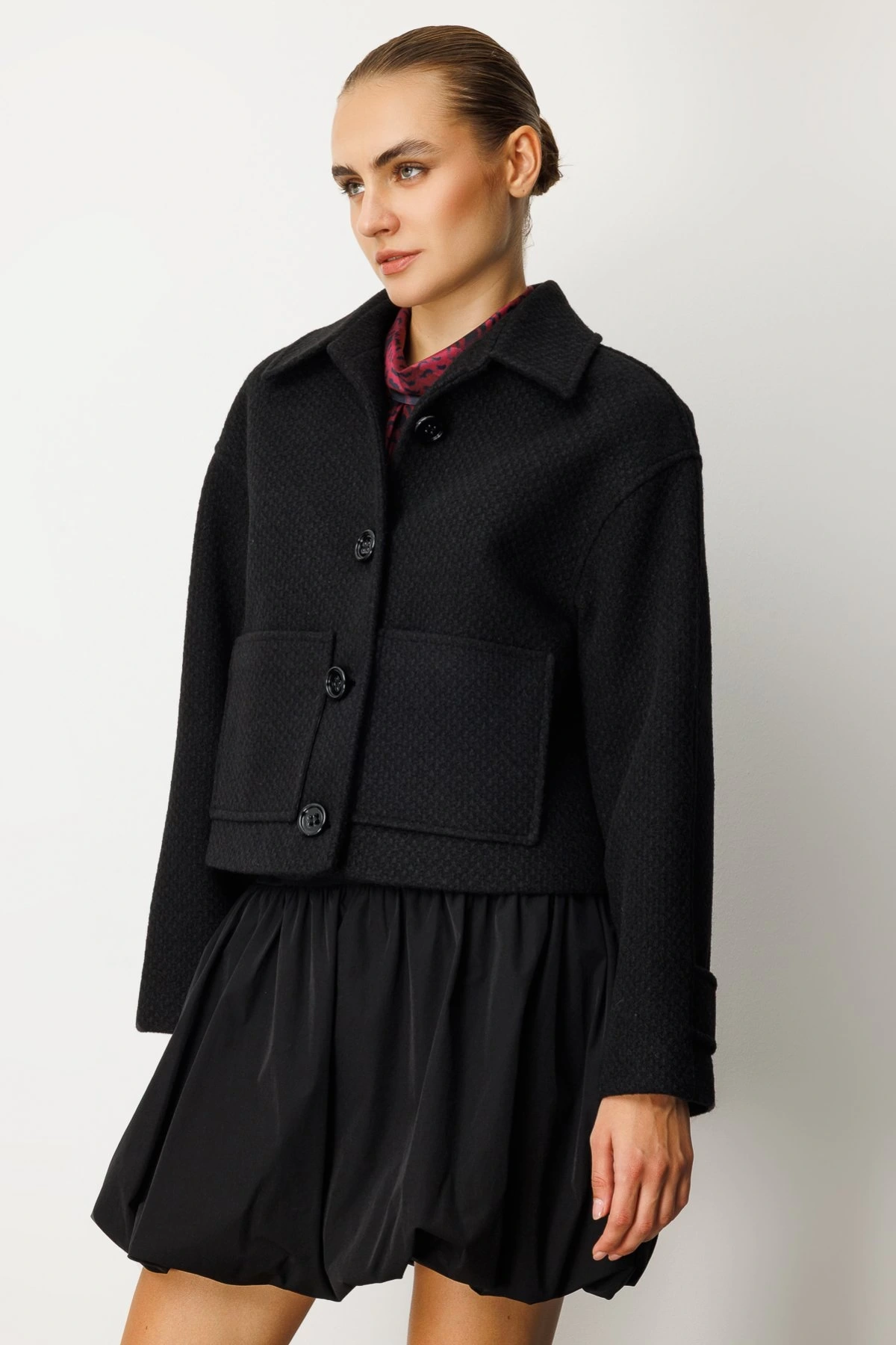 Ekol Torba Cepli Crop Siyah Kadın Manto 06013