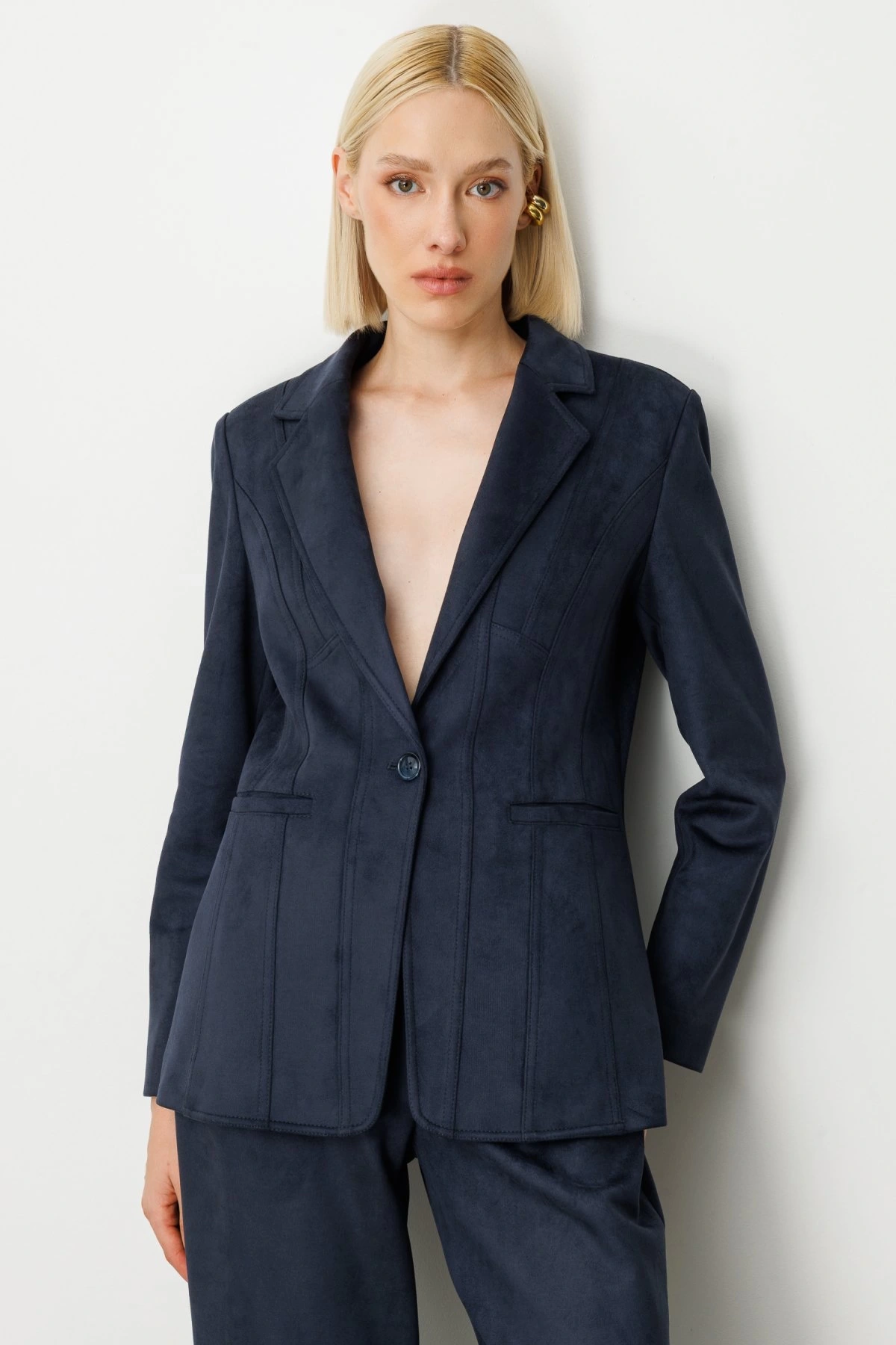 Ekol Torba Cepli Kadın Lacivert Süet Ceket 05061