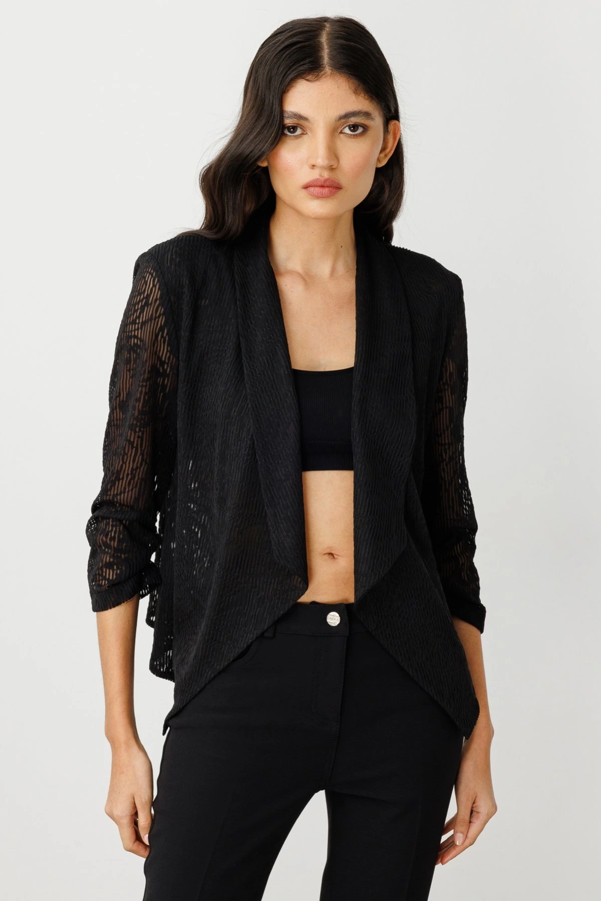 Ekol Kadın Transparan Gül Detaylı Siyah Ceket 04182
