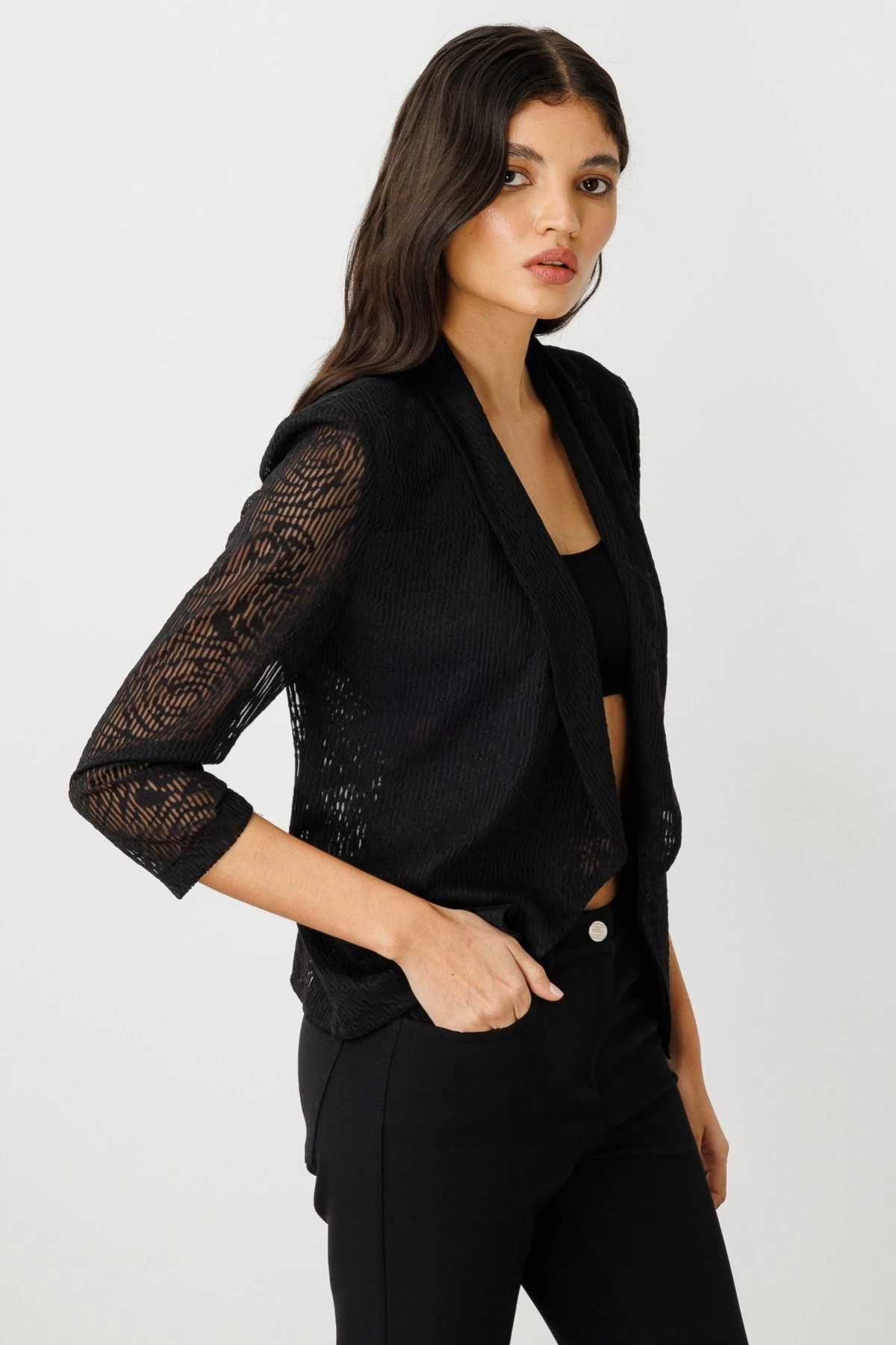 Ekol Kadın Transparan Gül Detaylı Siyah Ceket 04182