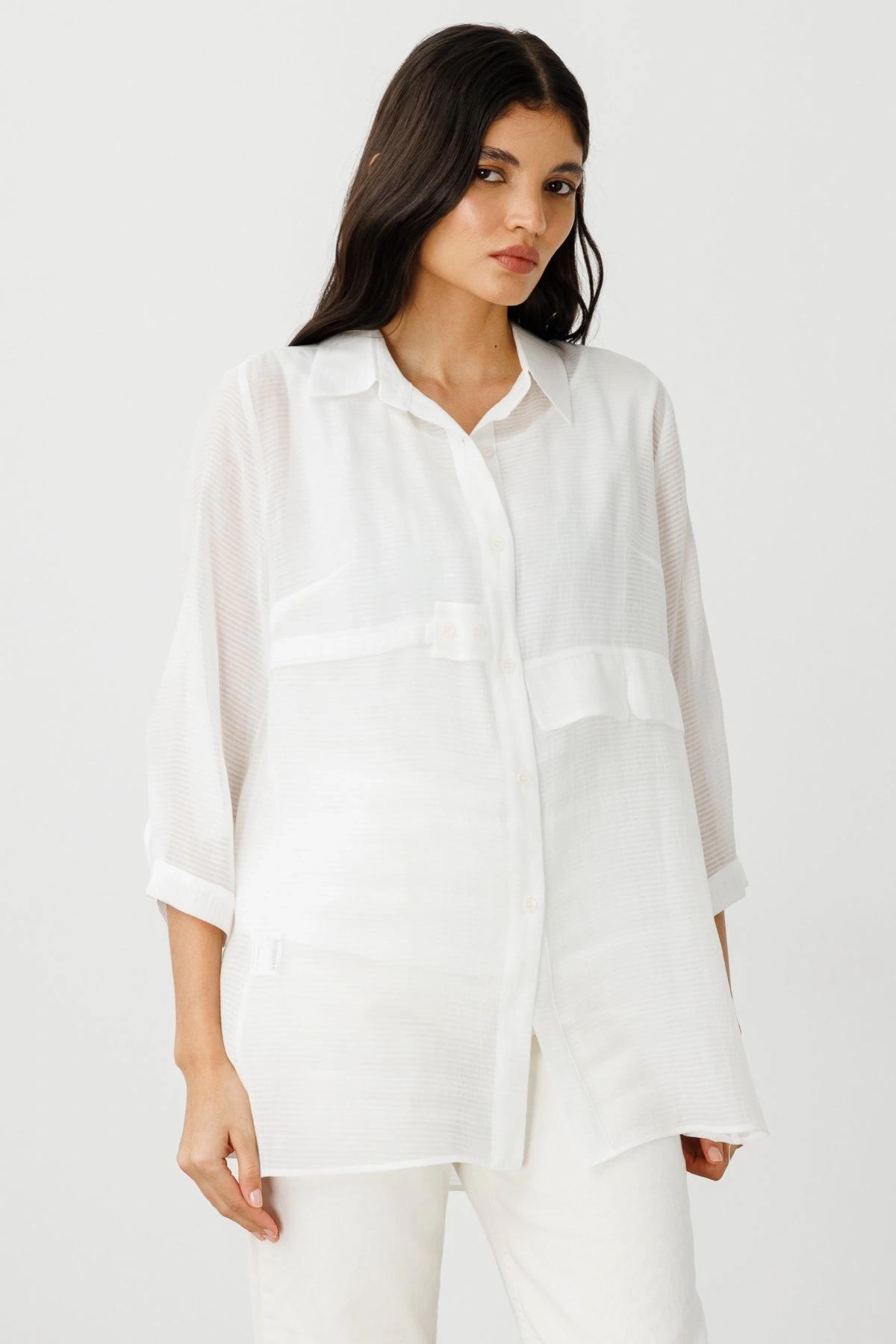 Ekol Transparan İçlikli Ekru Kadın Gömlek 03350