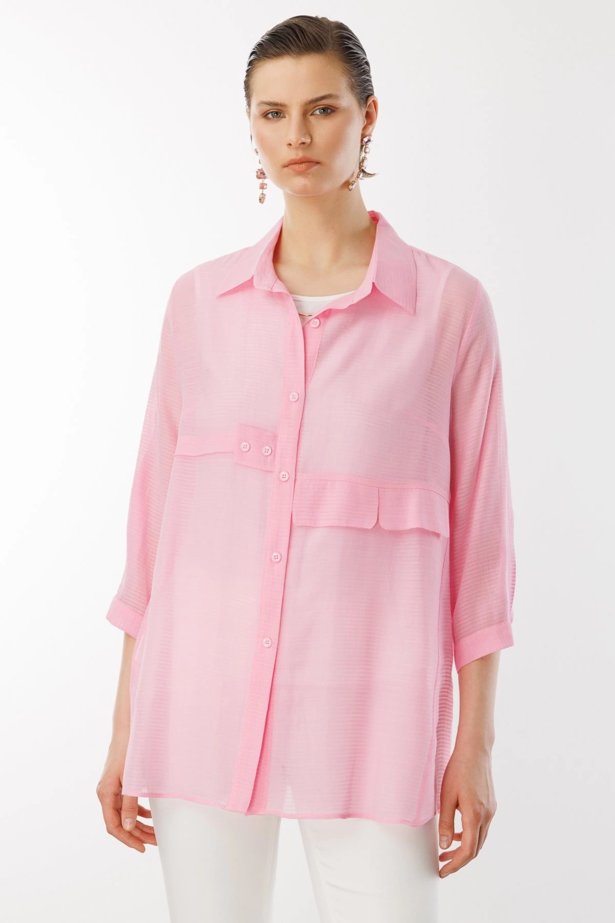 Ekol Transparan İçlikli Pembe Kadın Gömlek 03350