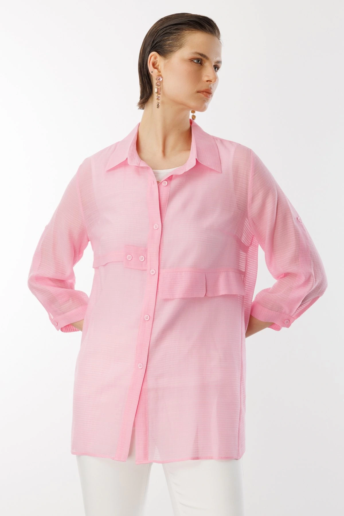 Ekol Transparan İçlikli Pembe Kadın Gömlek 03350