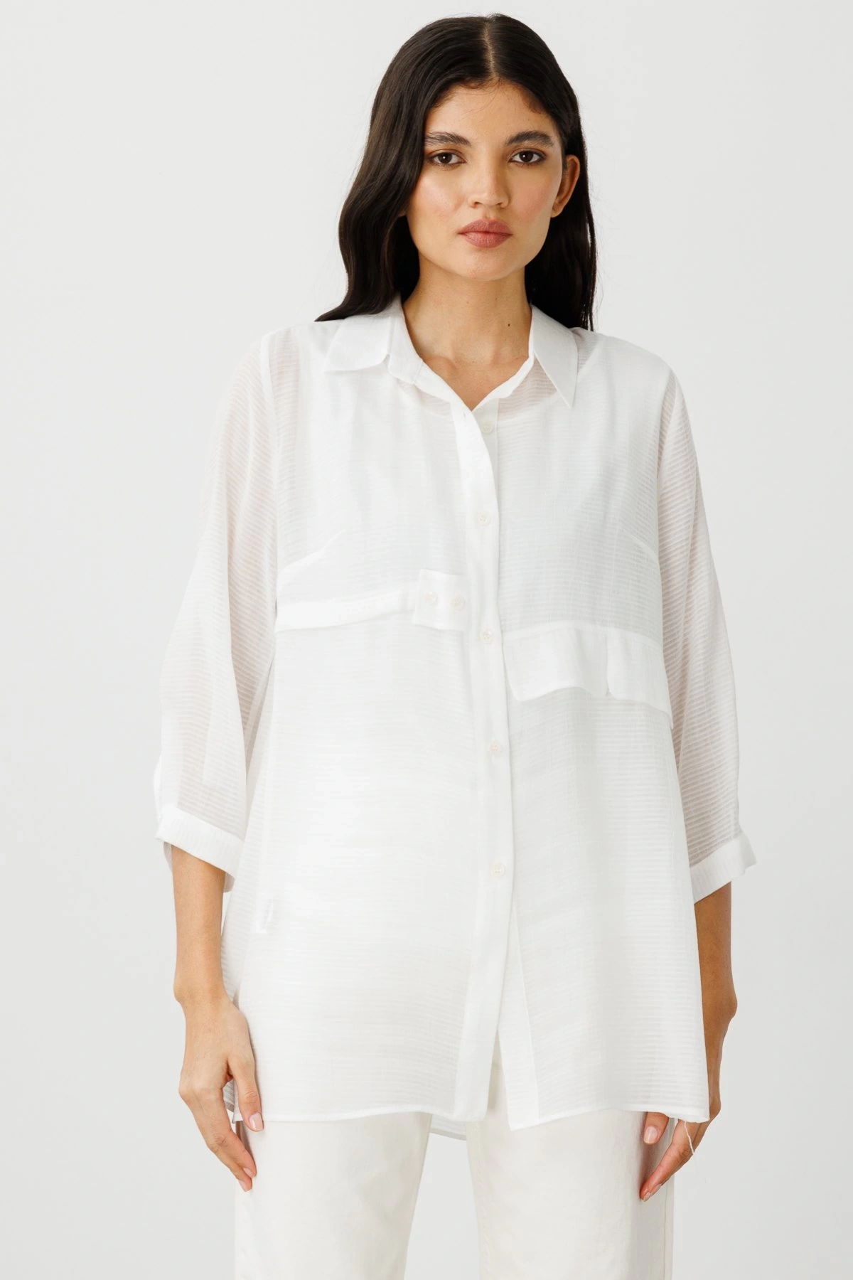 Ekol Transparan İçlikli Ekru Kadın Gömlek 03350