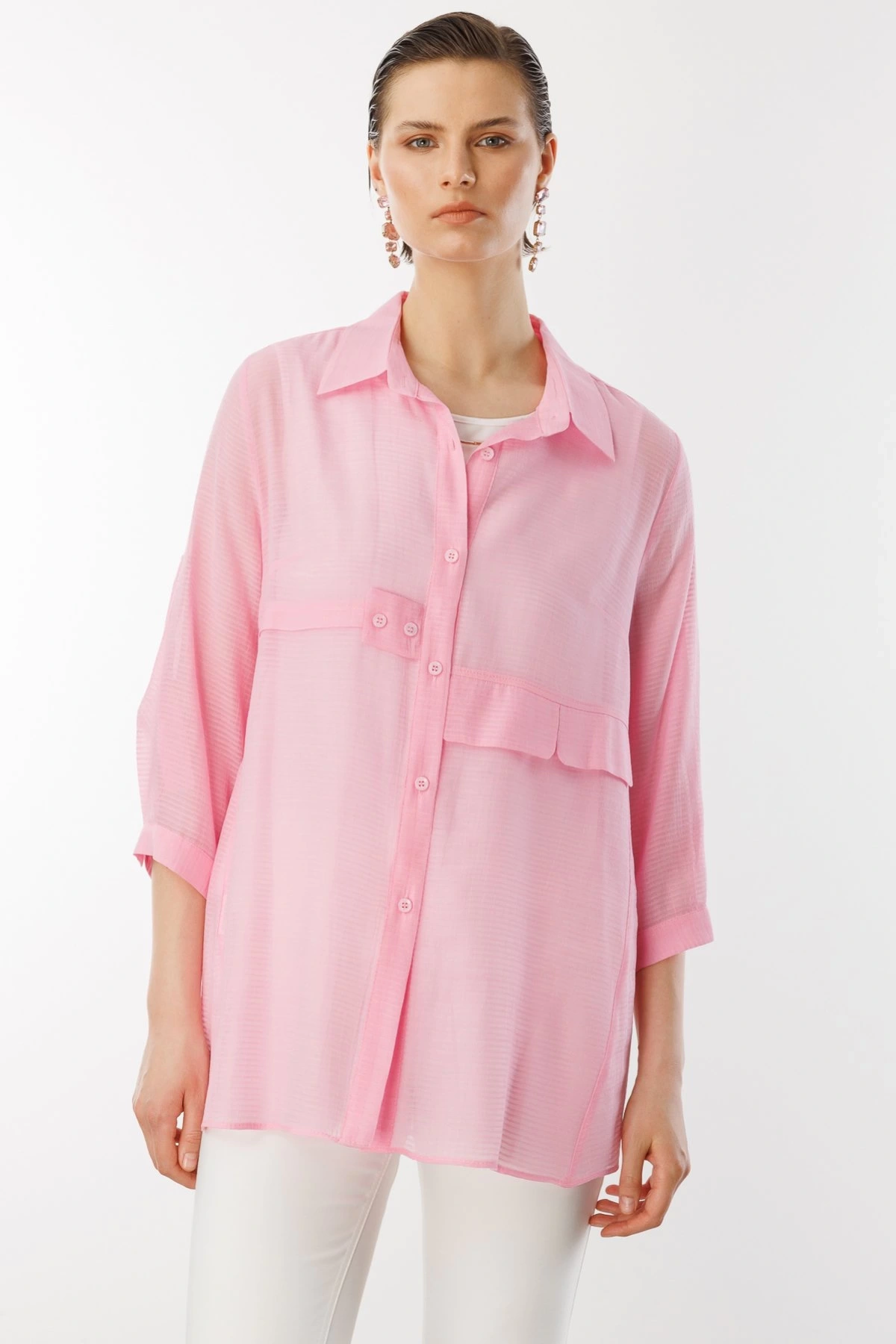 Ekol Transparan İçlikli Pembe Kadın Gömlek 03350