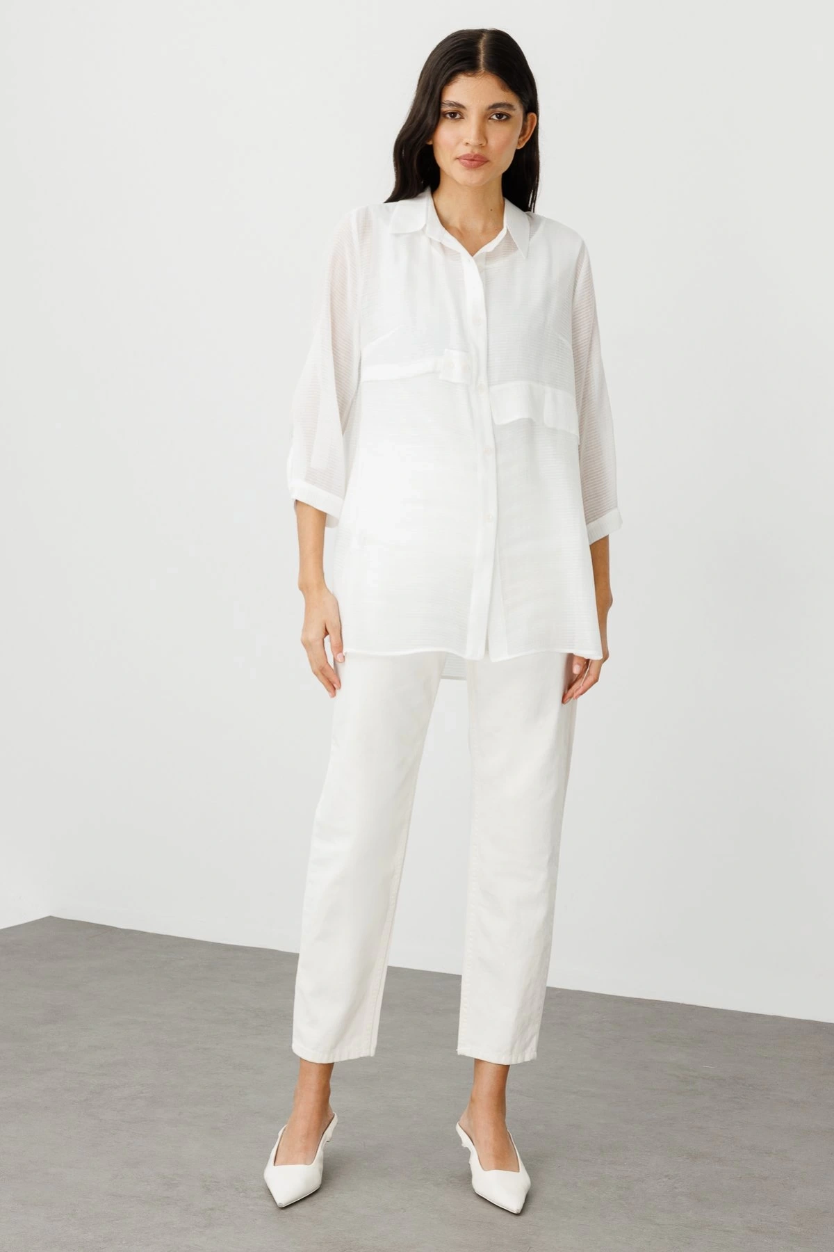 Ekol Transparan İçlikli Ekru Kadın Gömlek 03350