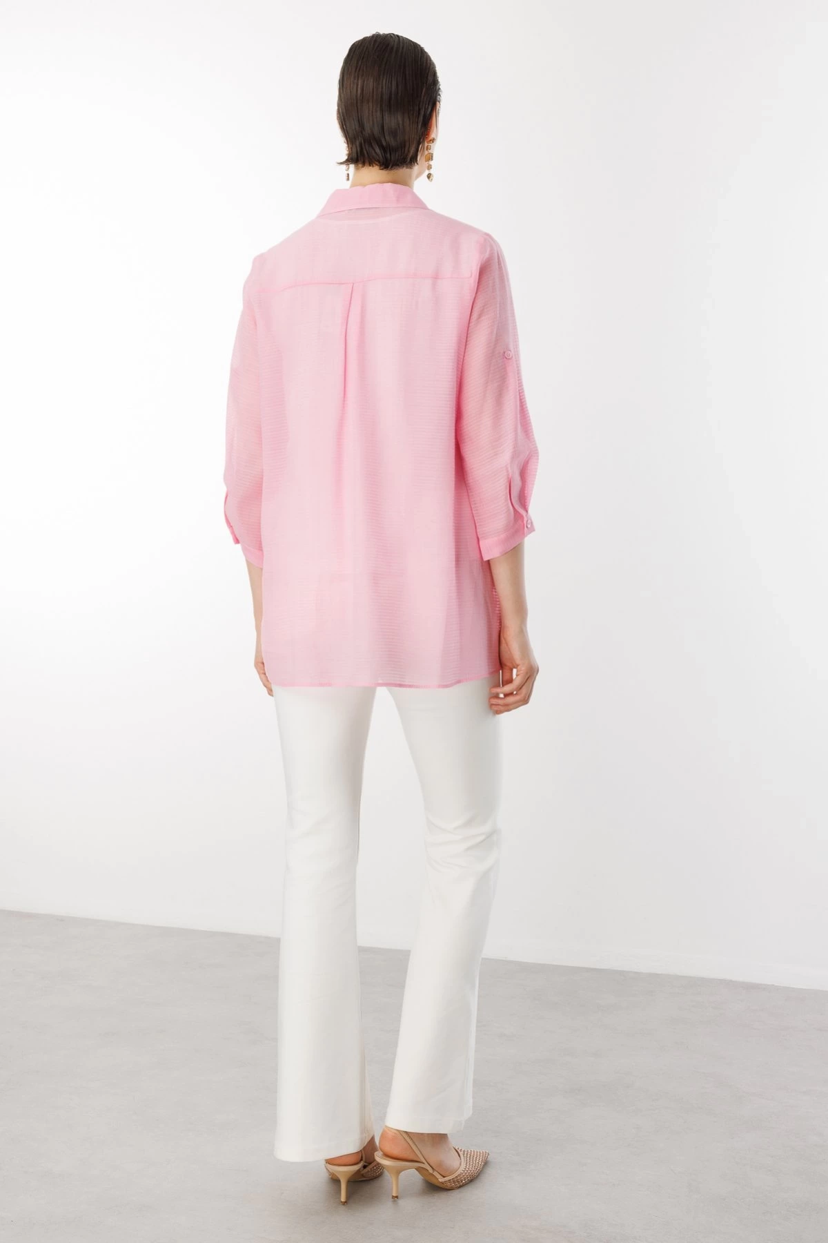 Ekol Transparan İçlikli Pembe Kadın Gömlek 03350