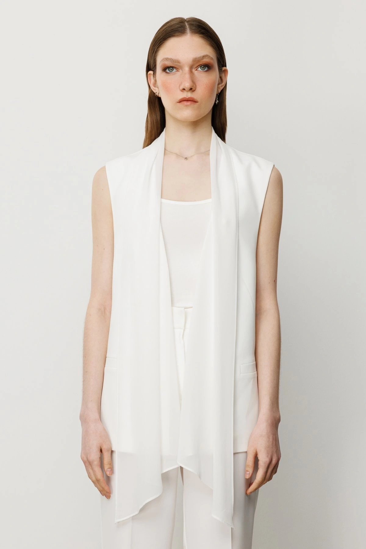 Ekol Tül Şal Yaka Kadın Ekru Yelek 06502