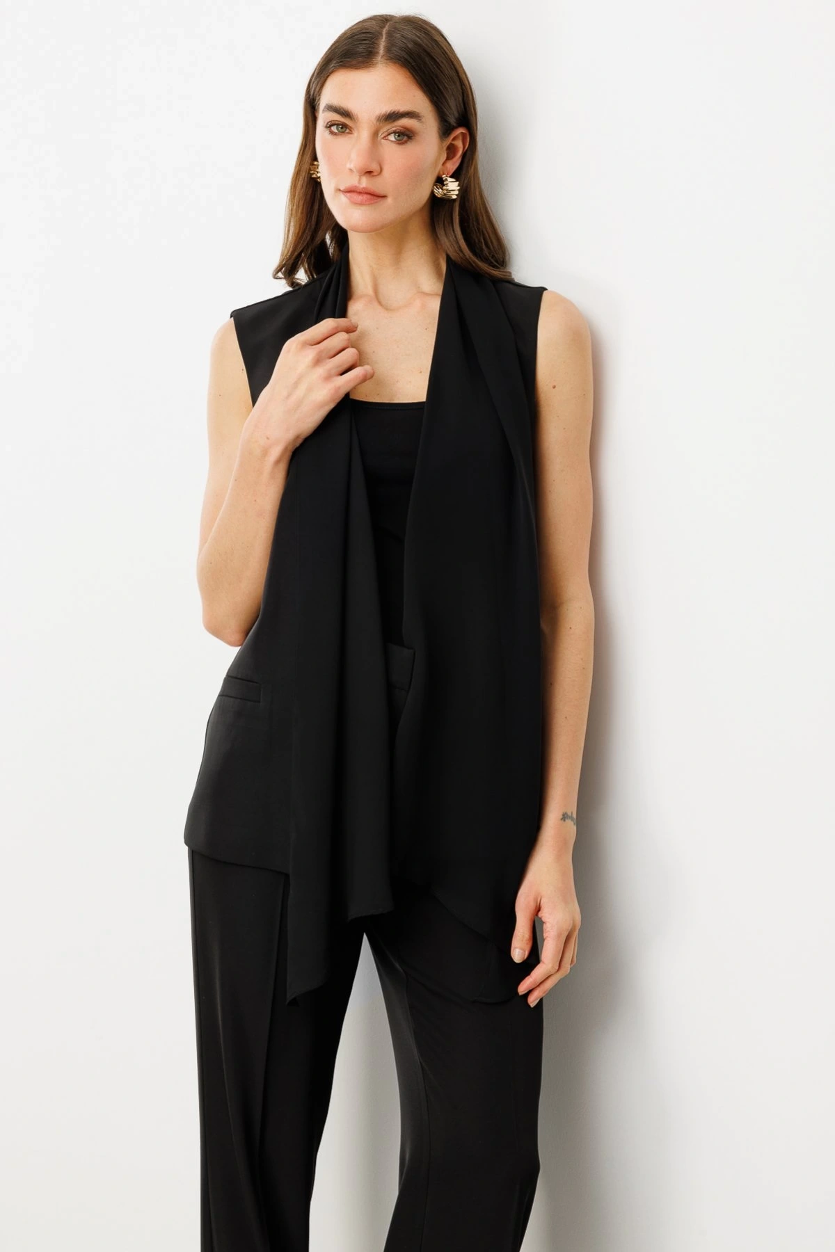 Ekol Tül Şal Yaka Kadın Siyah Yelek 06502