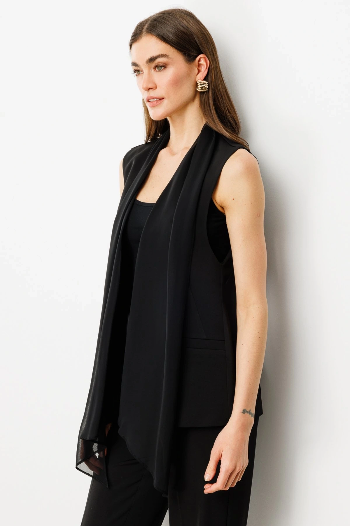 Ekol Tül Şal Yaka Kadın Siyah Yelek 06502