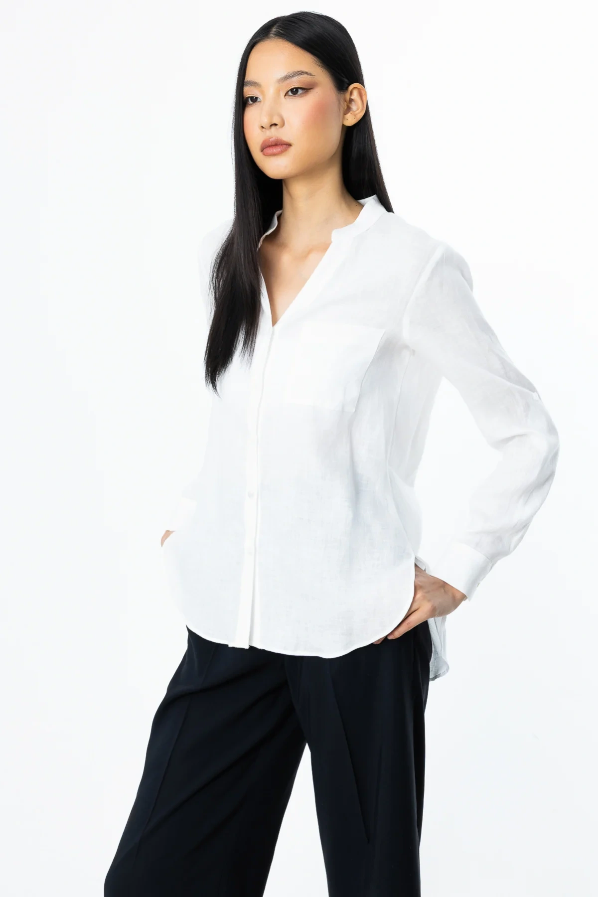 Ekol V Yaka Ekru Kadın Keten Gömlek 03134