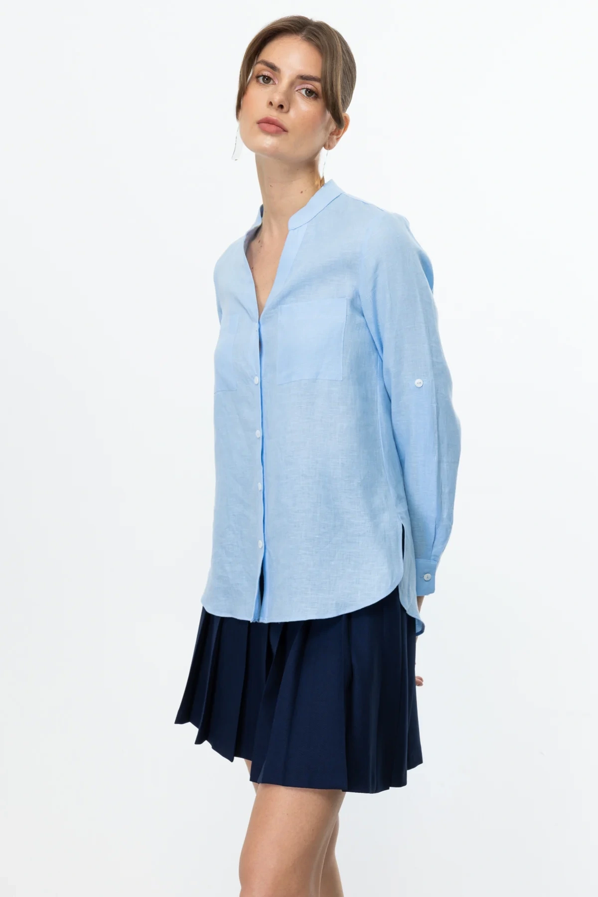 Ekol V Yaka Mavi Kadın Keten Gömlek 03134