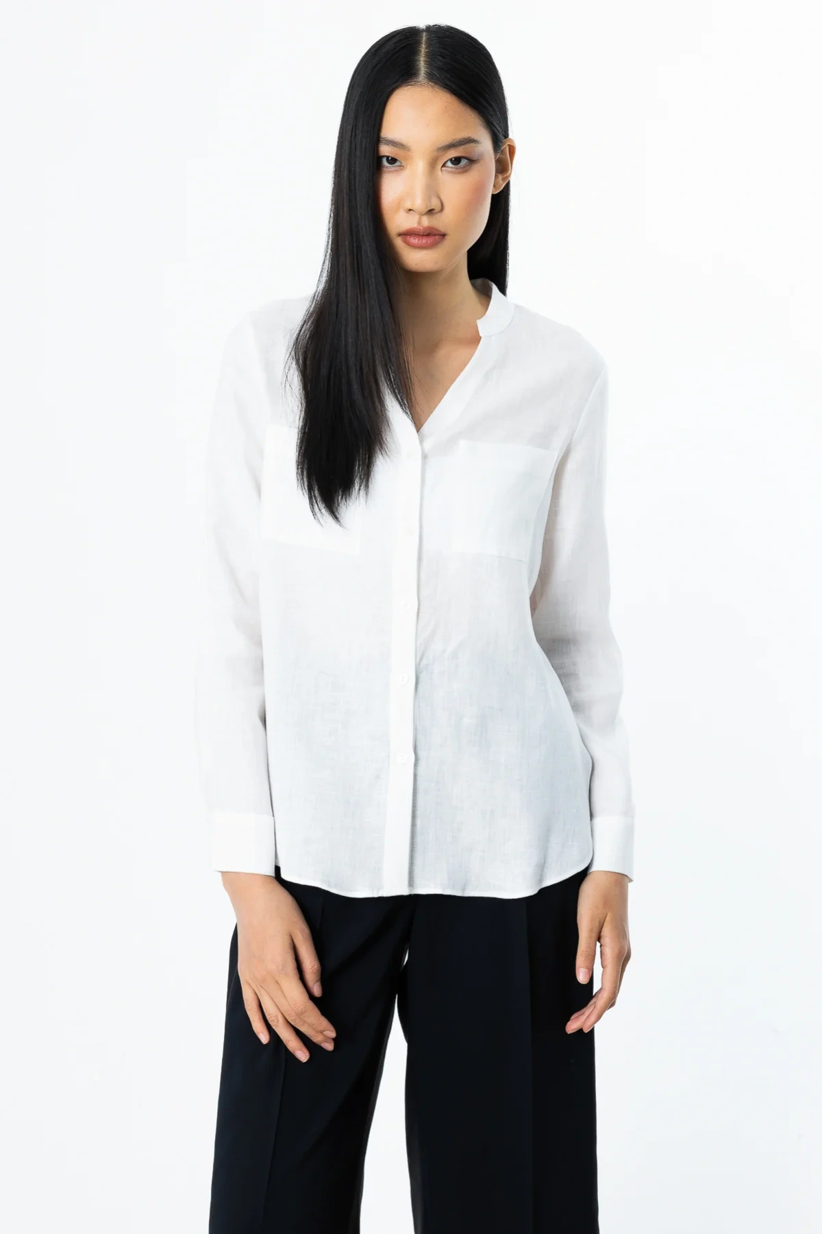 Ekol V Yaka Ekru Kadın Keten Gömlek 03134