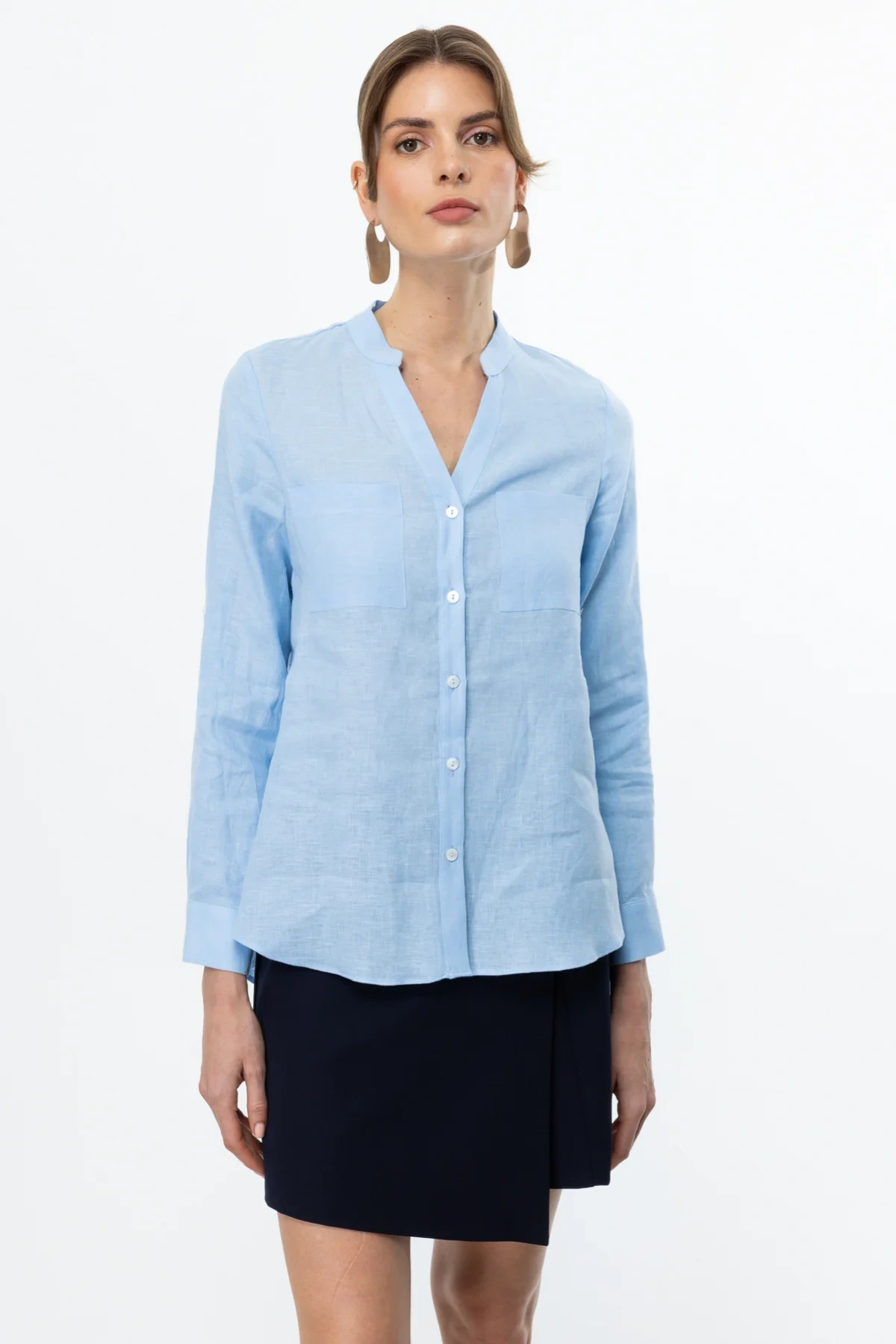 Ekol V Yaka Mavi Kadın Keten Gömlek 03134