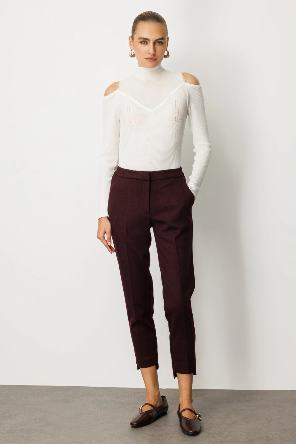 Ekol Yan Cepli Boru Paça Bordo Kadın Pantolon 05189