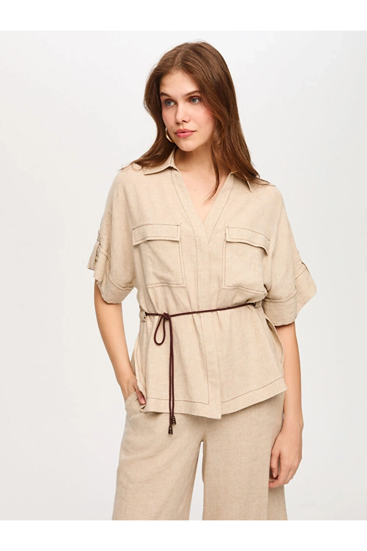Faik Sönmez Beli Kemerli Keten Karışımlı Oversize Tunik US26TNK019
