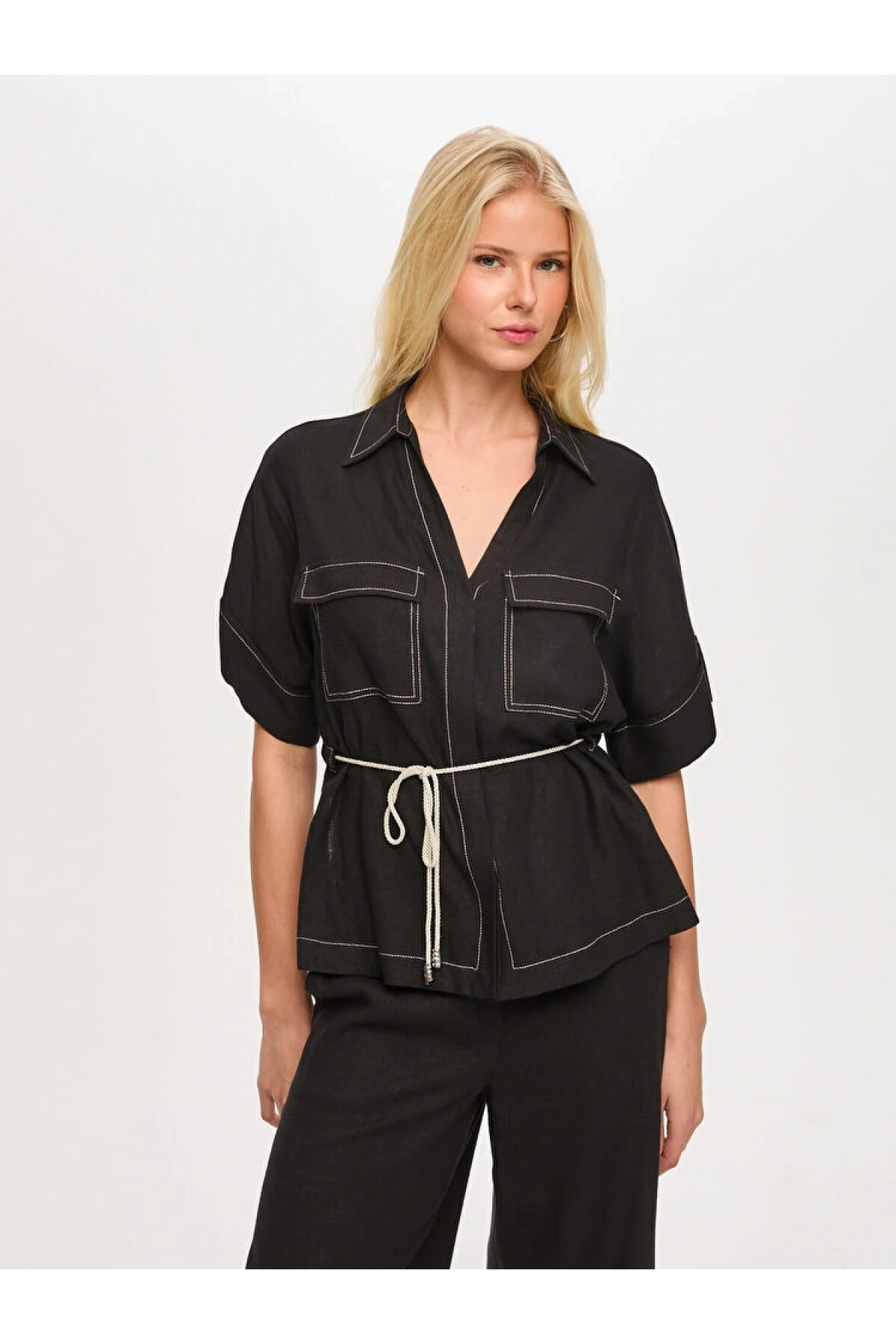 Faik Sönmez Beli Kemerli Keten Karışımlı Oversize Tunik US26TNK019