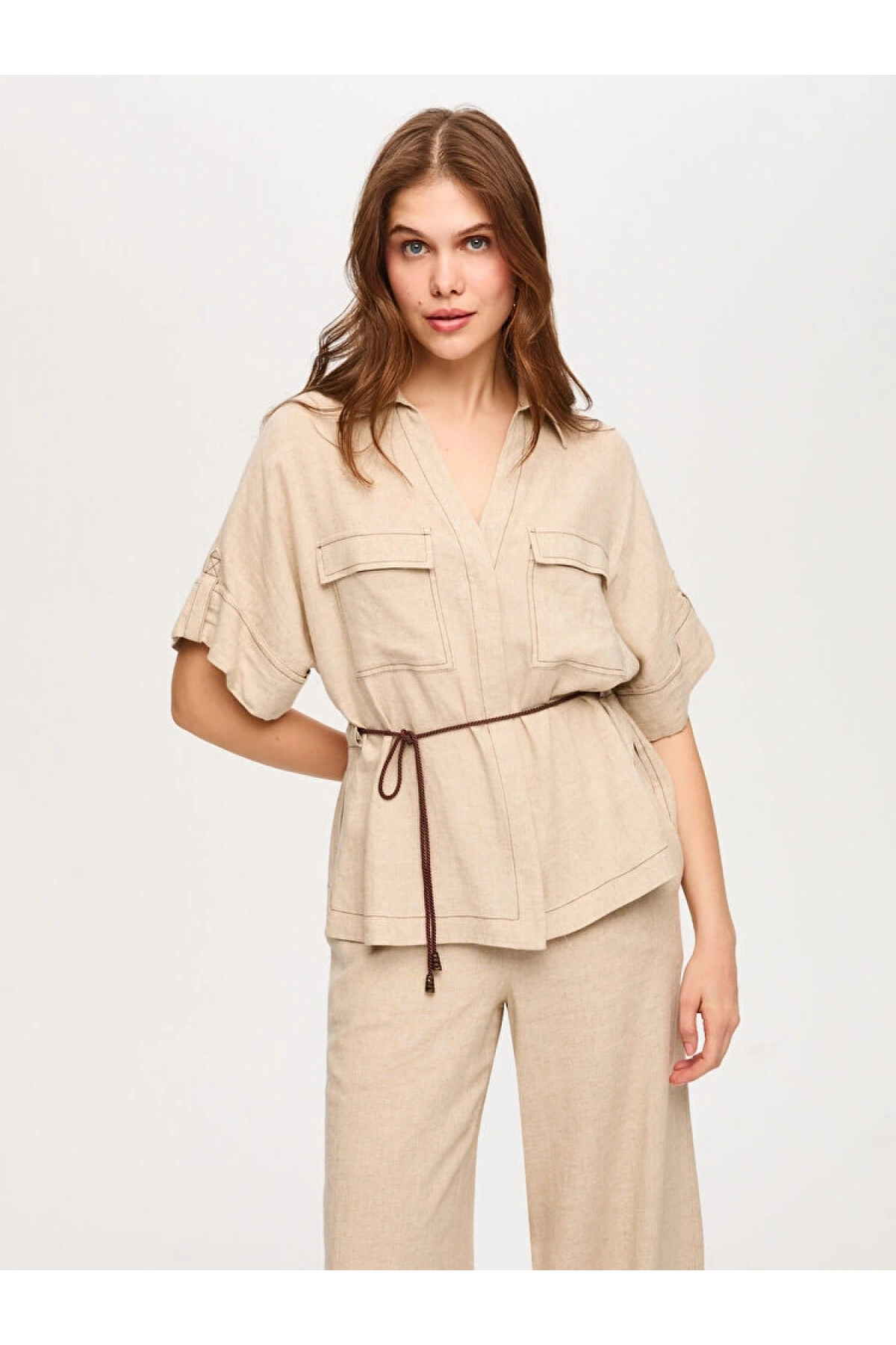 Faik Sönmez Beli Kemerli Keten Karışımlı Oversize Tunik US26TNK019