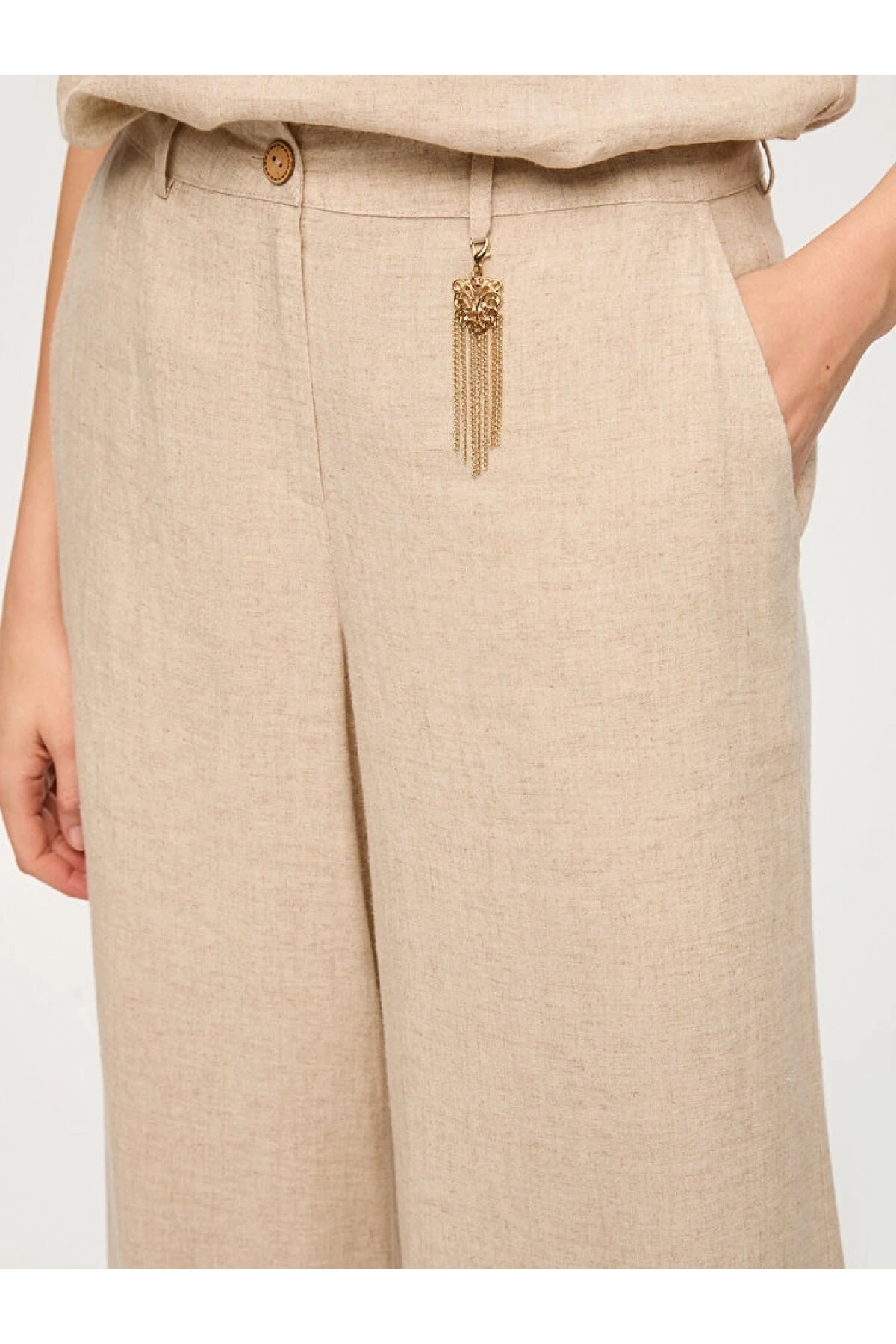 Faik Sönmez Wide Leg Fit Metal Aksesuarlı Keten Pantolon US26PNT034