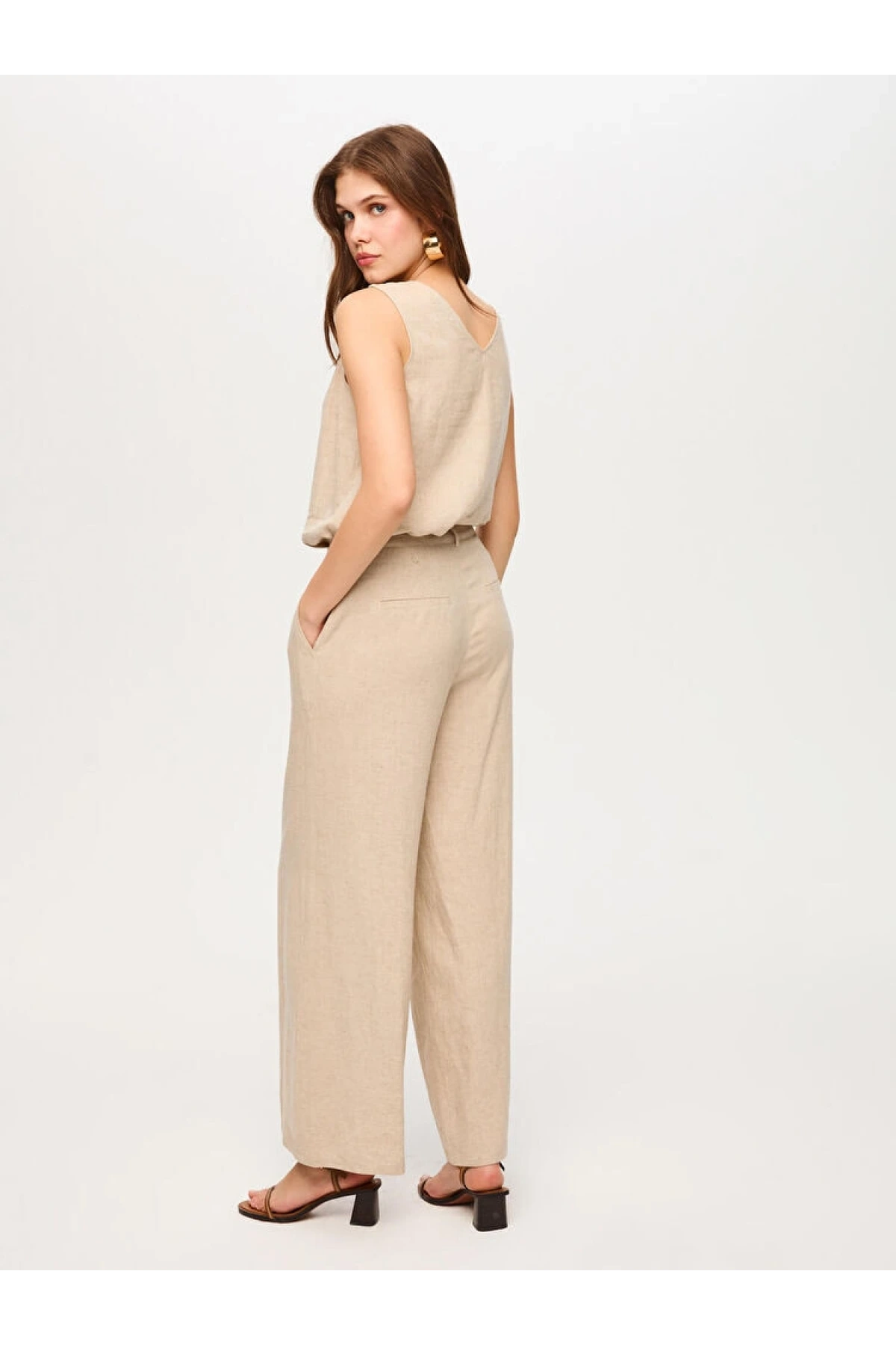 Faik Sönmez Wide Leg Fit Metal Aksesuarlı Keten Pantolon US26PNT034
