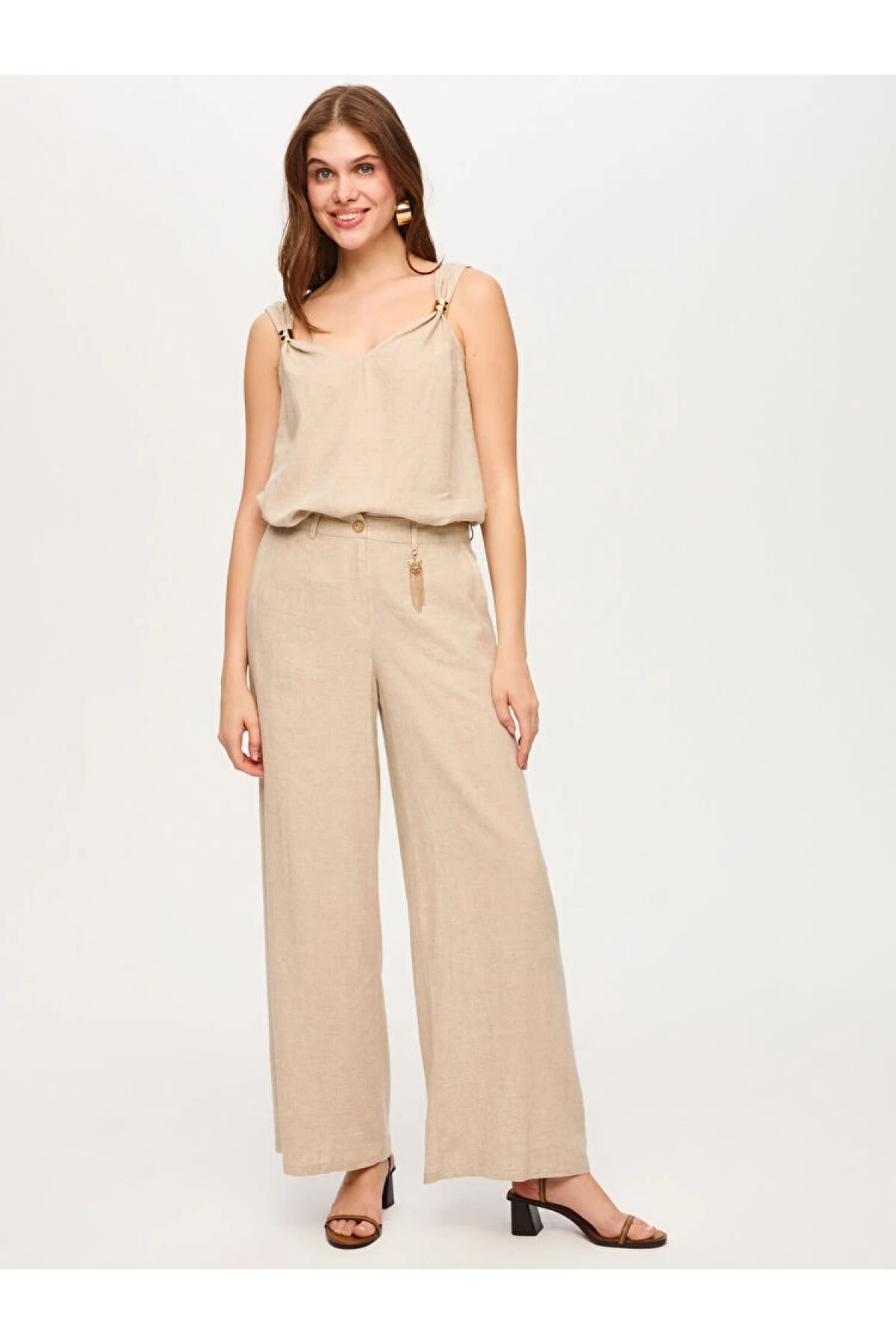 Faik Sönmez Wide Leg Fit Metal Aksesuarlı Keten Pantolon US26PNT034