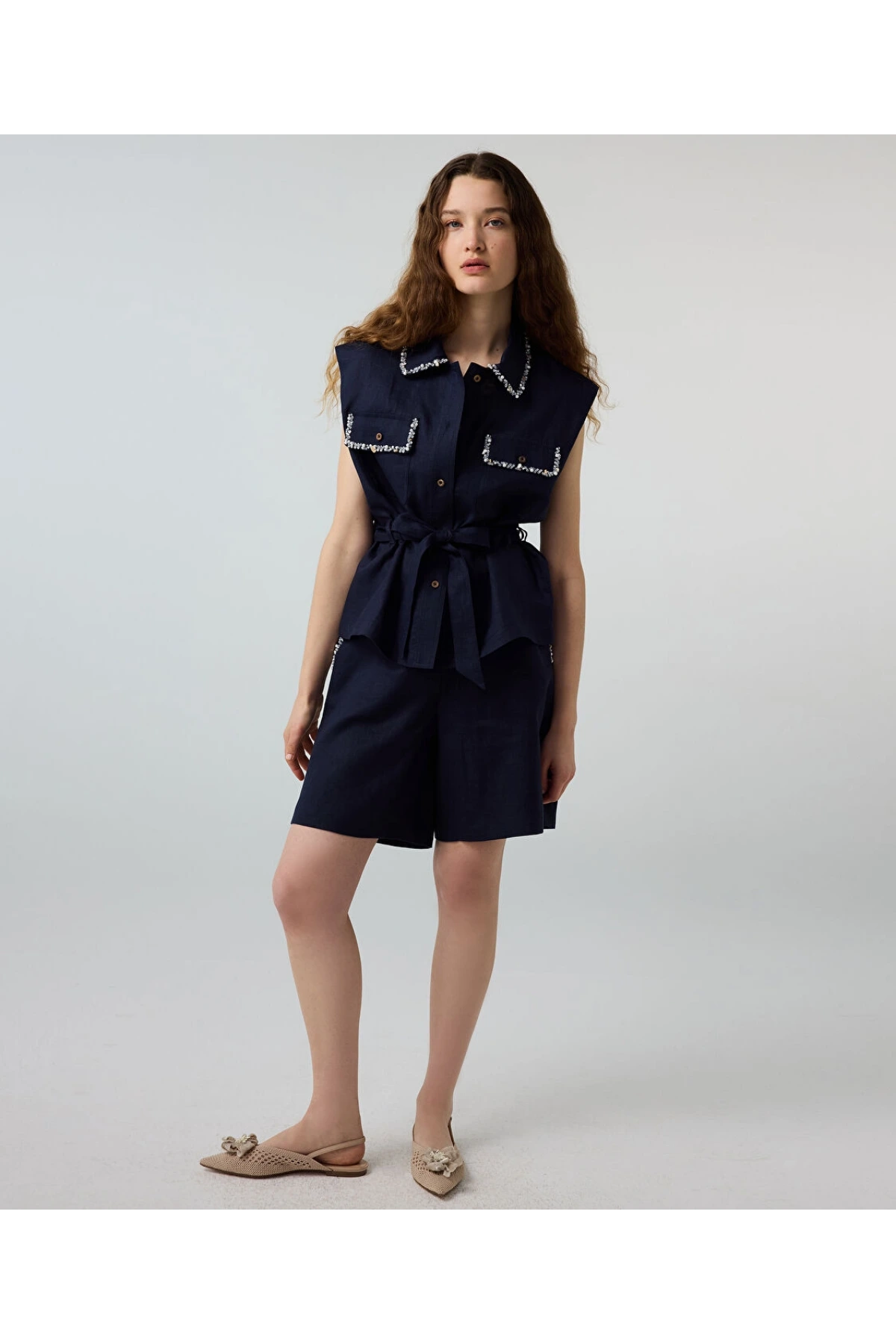 İpekyol Boncuk Ve Payet İşlemeli Keten Gömlek IS1260025197