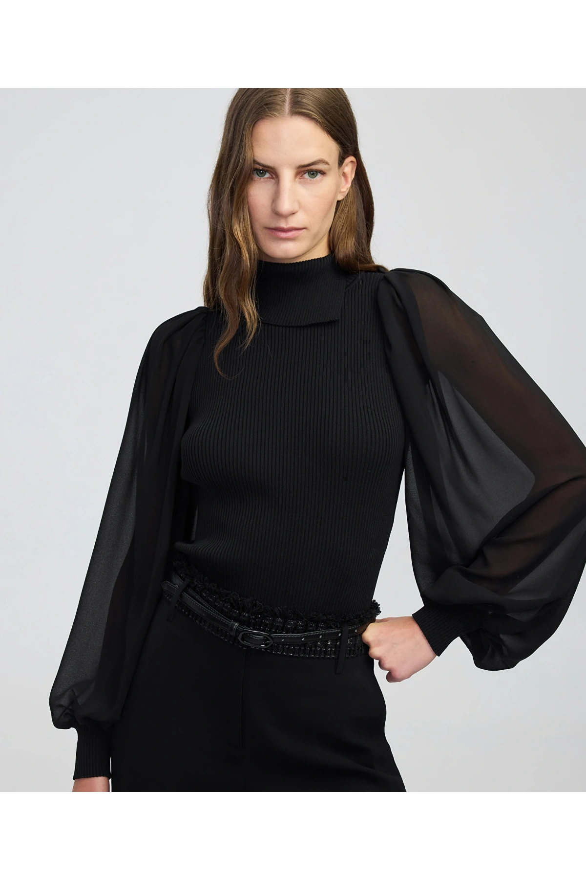 İpekyol Şifon Mix Asimetrik Yaka Triko IW6250050433