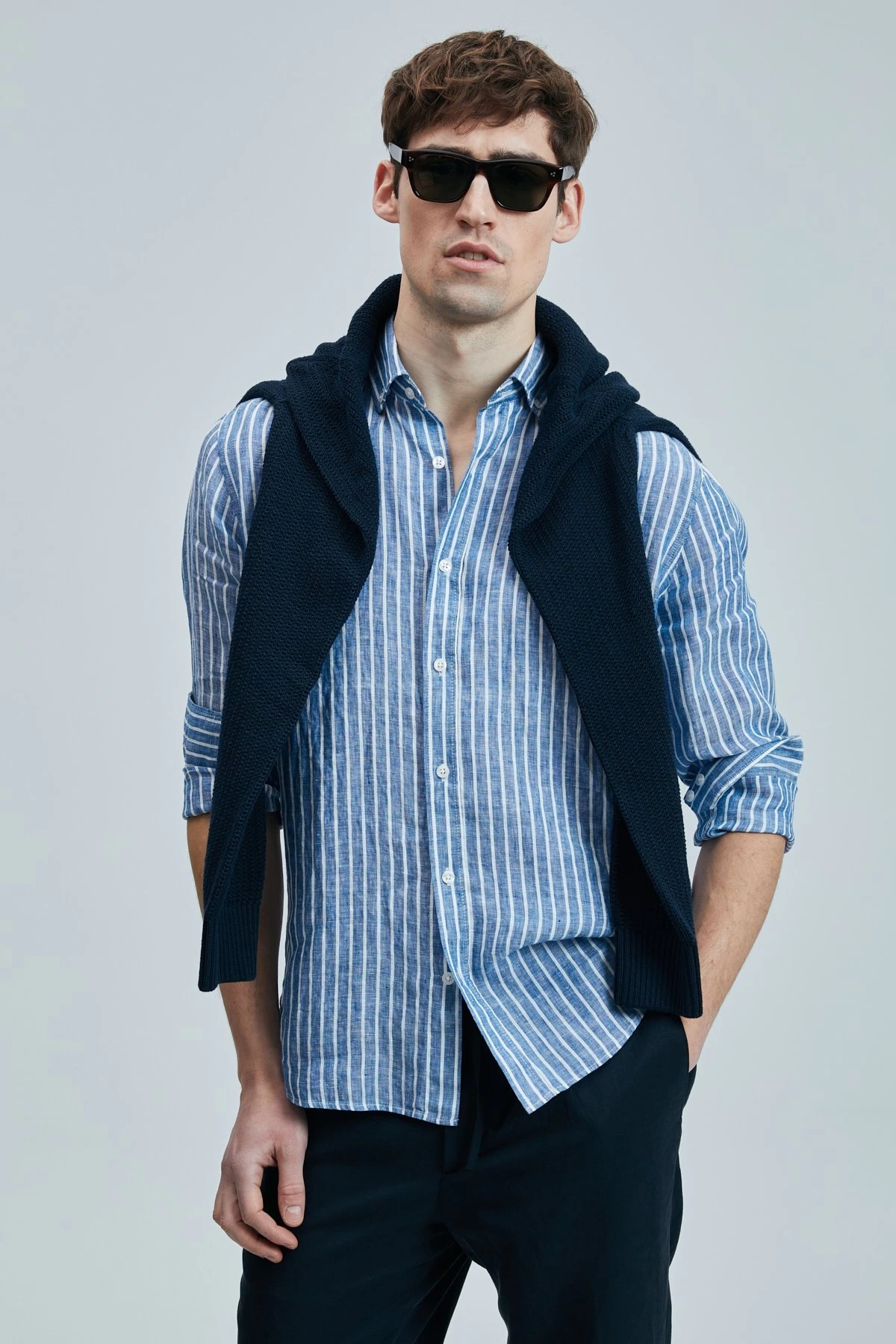 Lufian Erkek Keten Pamuklu Regular Mavi Gömlek 111010632