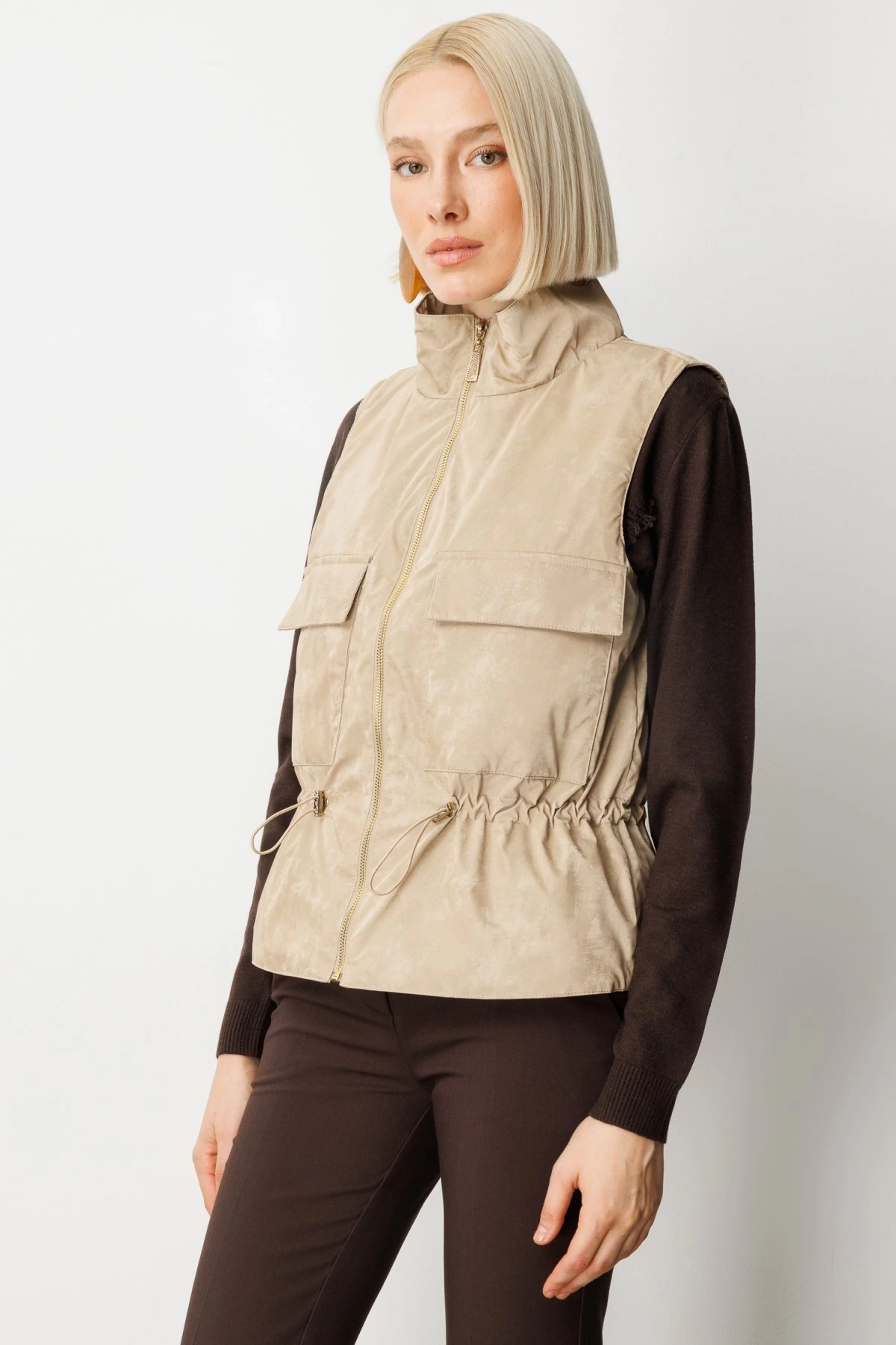 On Fashion Cepli Dik Yaka Kadın Bej Yelek 60998