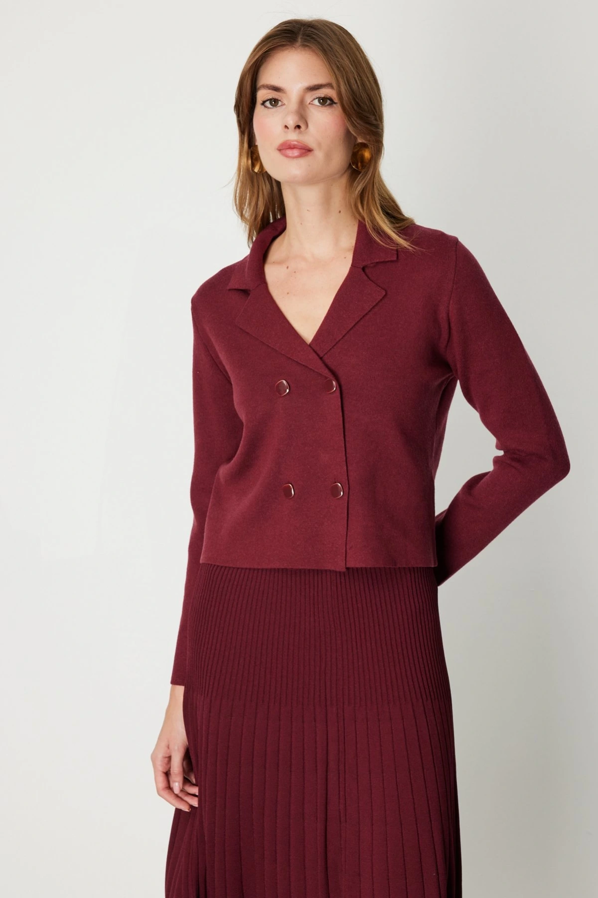 On Fashion Düğmeli Kadın Bordo Ceket 69506