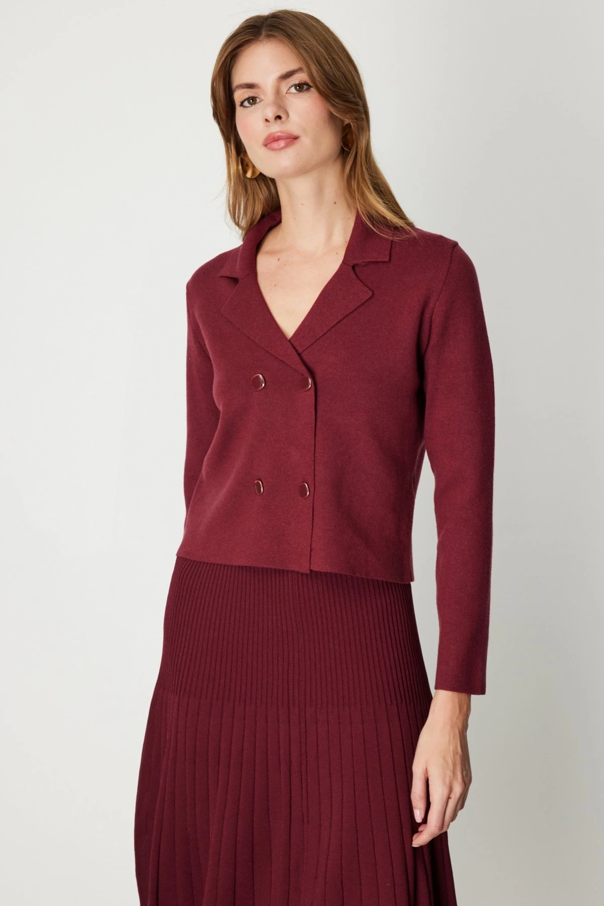 On Fashion Düğmeli Kadın Bordo Ceket 69506