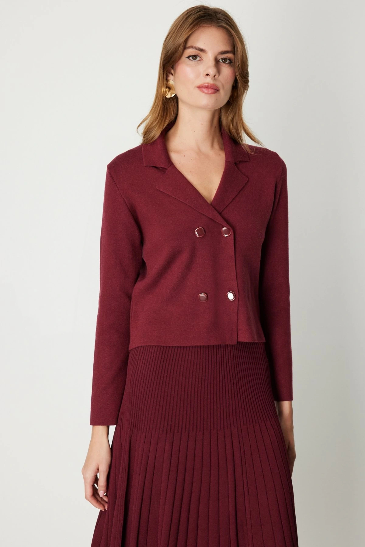 On Fashion Düğmeli Kadın Bordo Ceket 69506